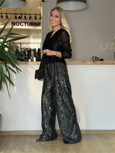 Siyah Geniş Payetli Pantolon Askı00355