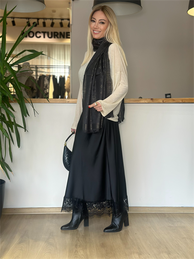 Siyah Saten Dantelli Etek Askı0071