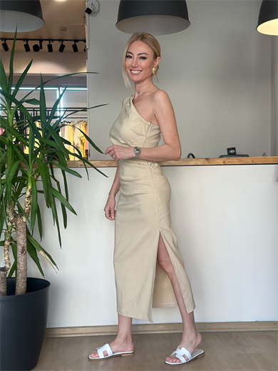 Tek Omuz Drapeli Midi Elbise