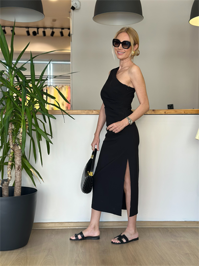 Tek Omuz Drapeli Midi Siyah Elbise