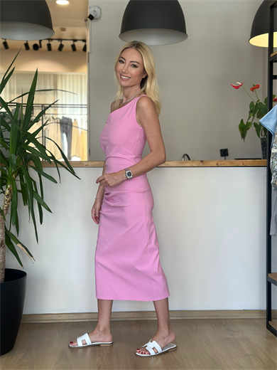 Tek Omuz Drapeli Pembe Elbise