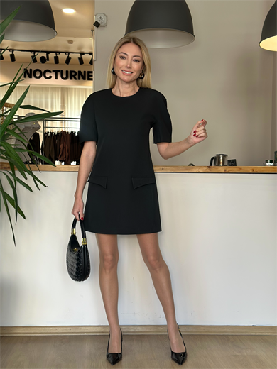 Vatkalı Cep Detaylı Siyah Mini Elbise Askı00438