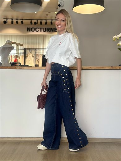 Zımba Detaylı Geniş Paça Jean Askı0085