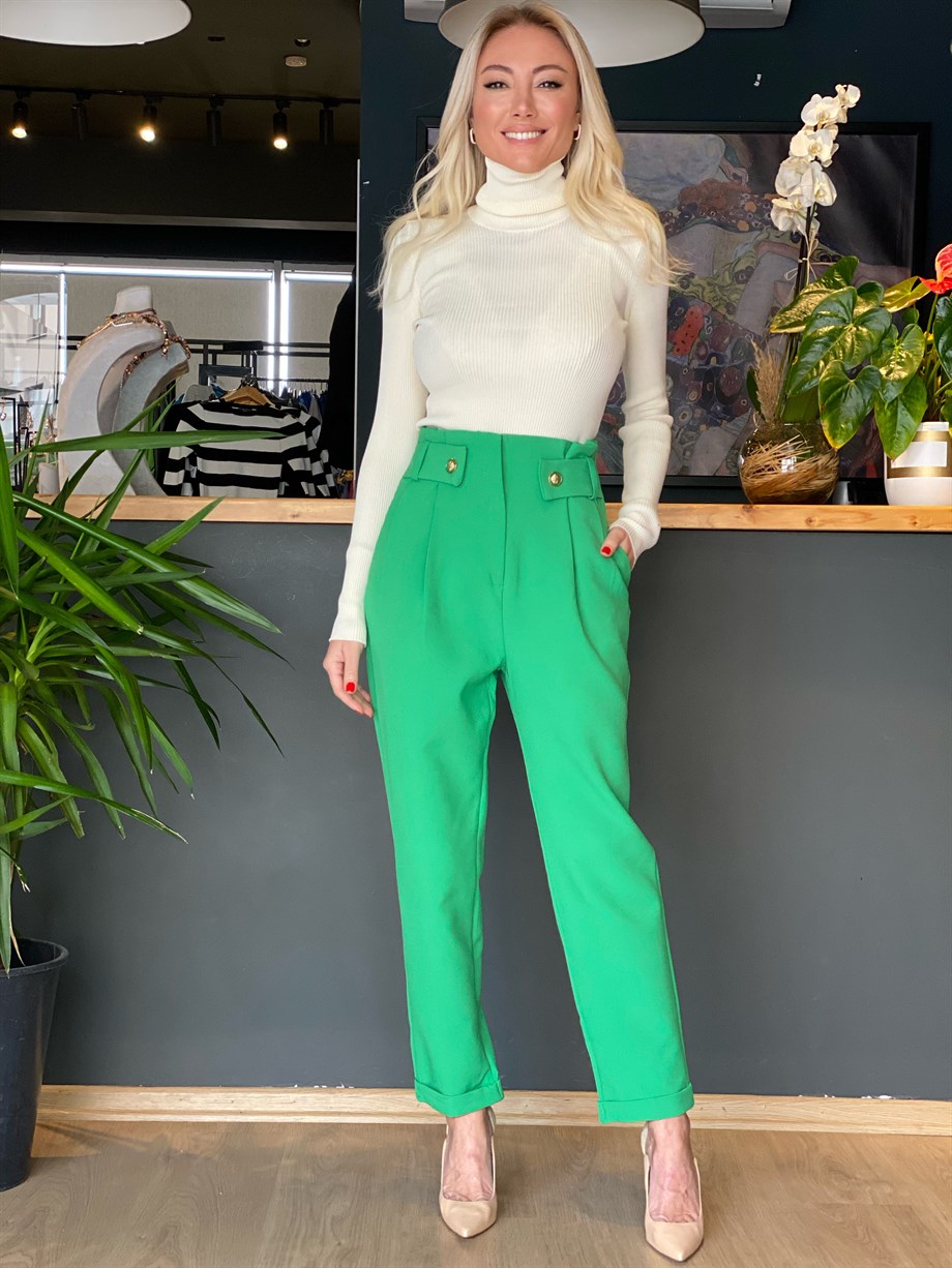 Yeşil Bel Detaylı Havuç Pantolon