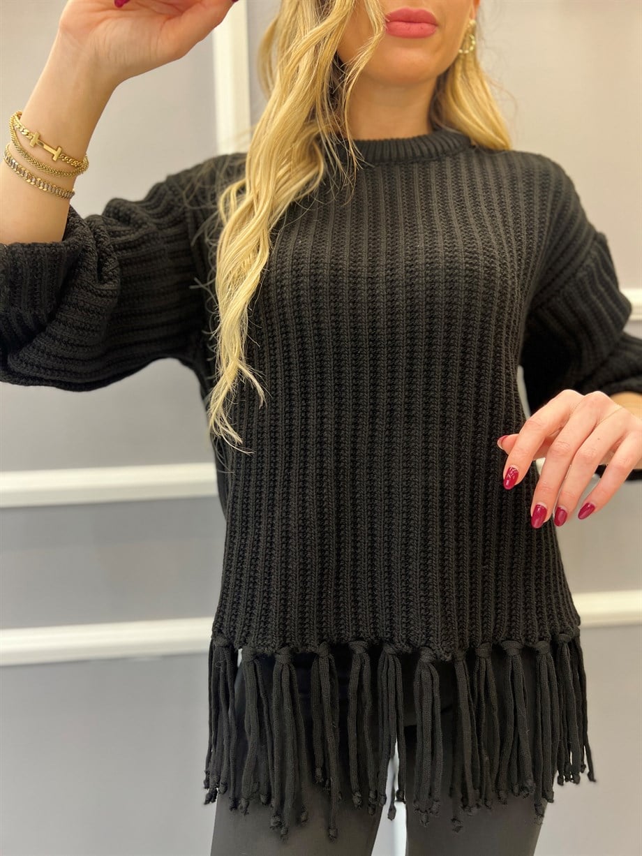  Püskül Detaylı Örme Triko Siyah