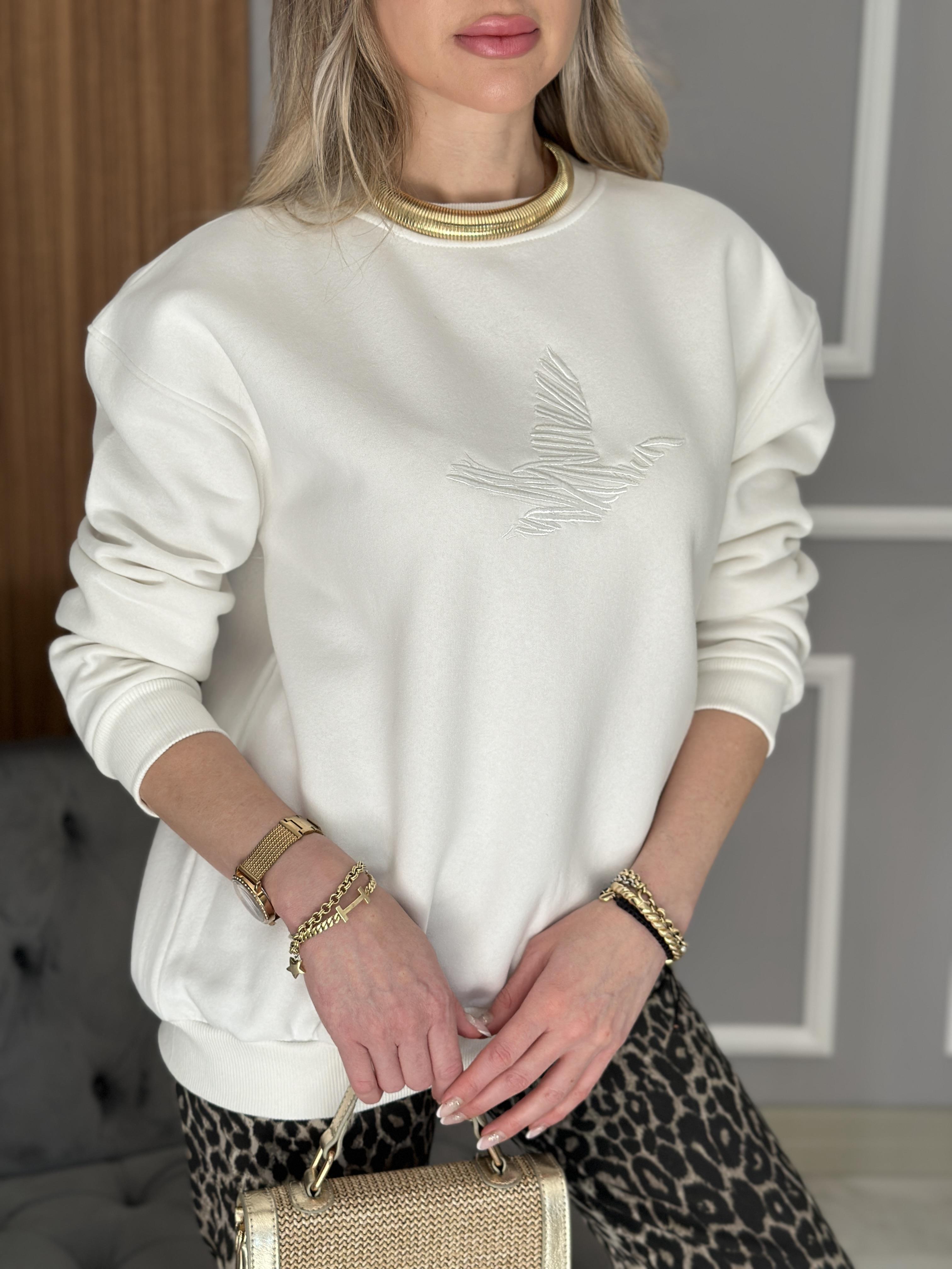 Bn Premium Sweatshirt Kuş Detaylı Ekru