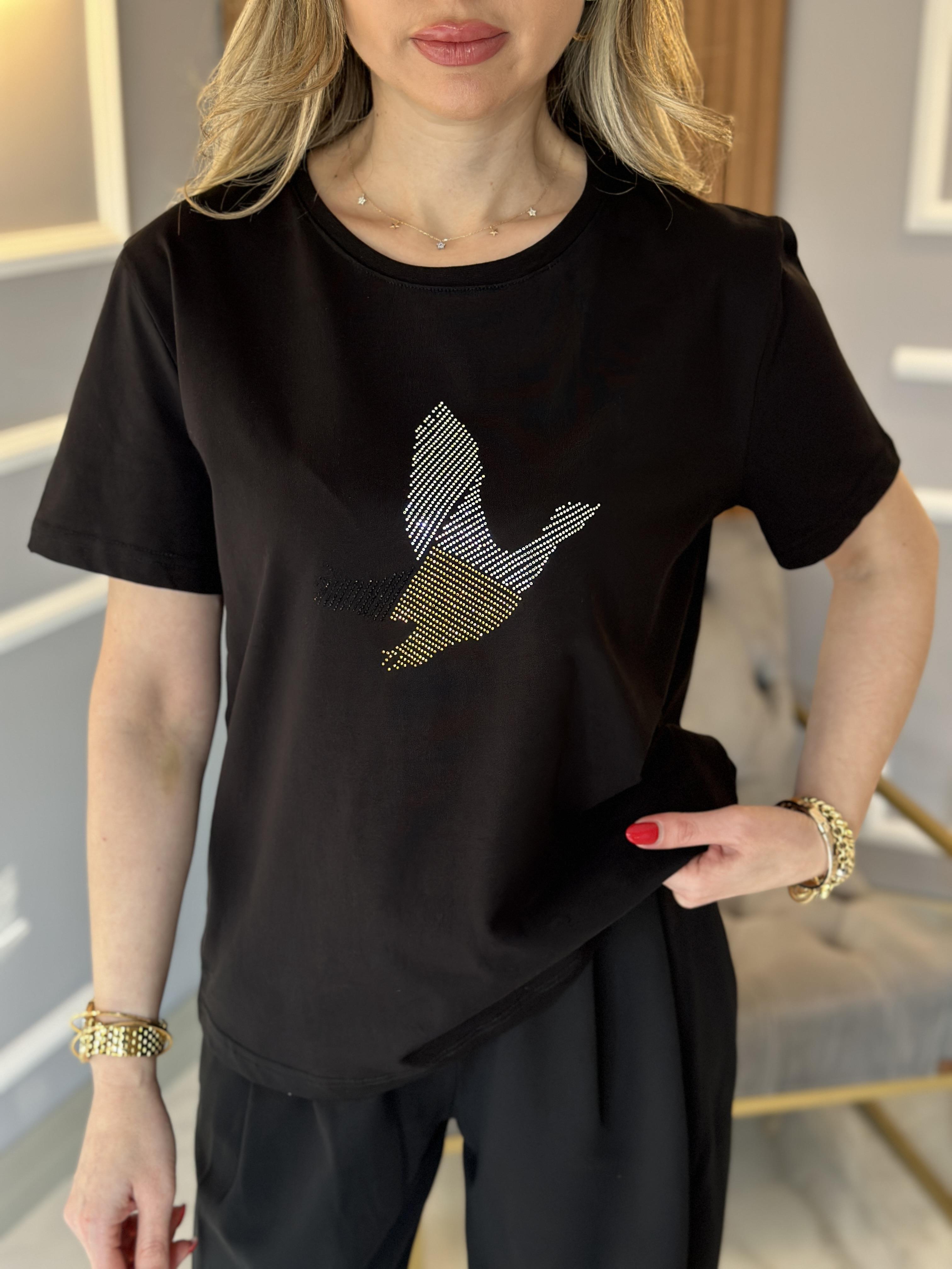 Bn T-shirt Silver Gold Taşlı Kuş Detaylı Siyah