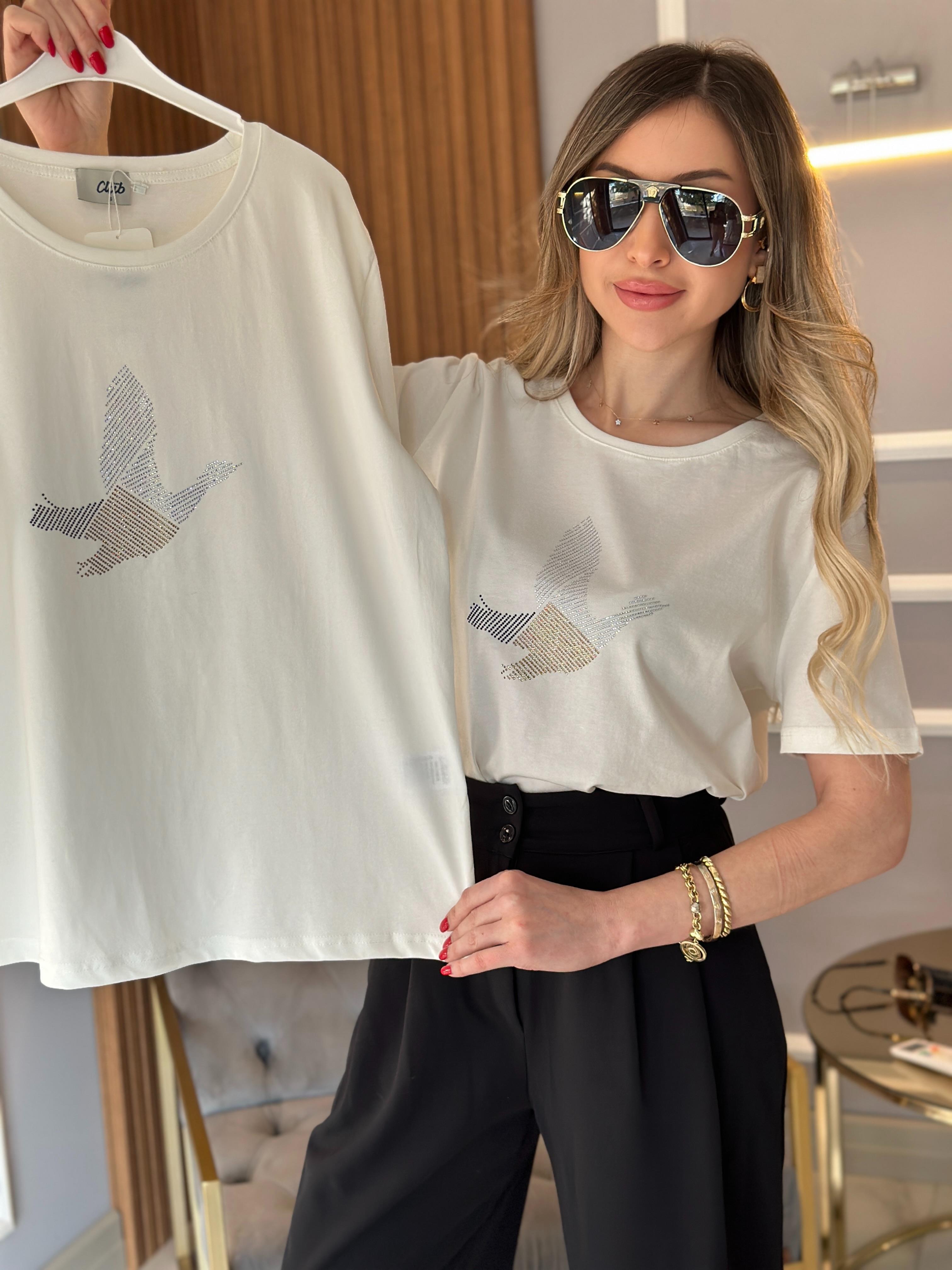 Bn T-shirt Silver Gold Taşlı Kuş Detaylı Beyaz