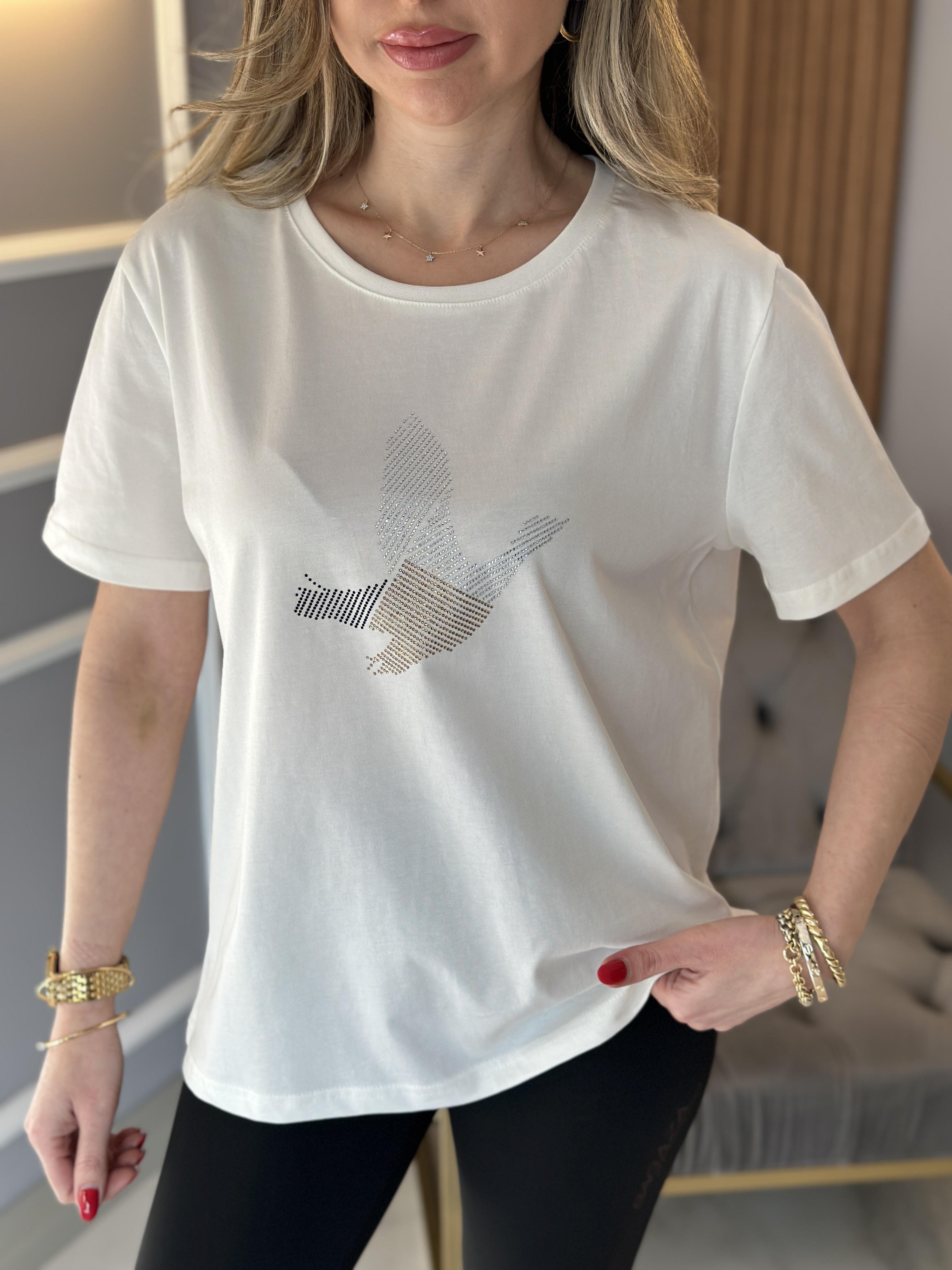 Bn T-shirt Silver Gold Taşlı Kuş Detaylı Beyaz