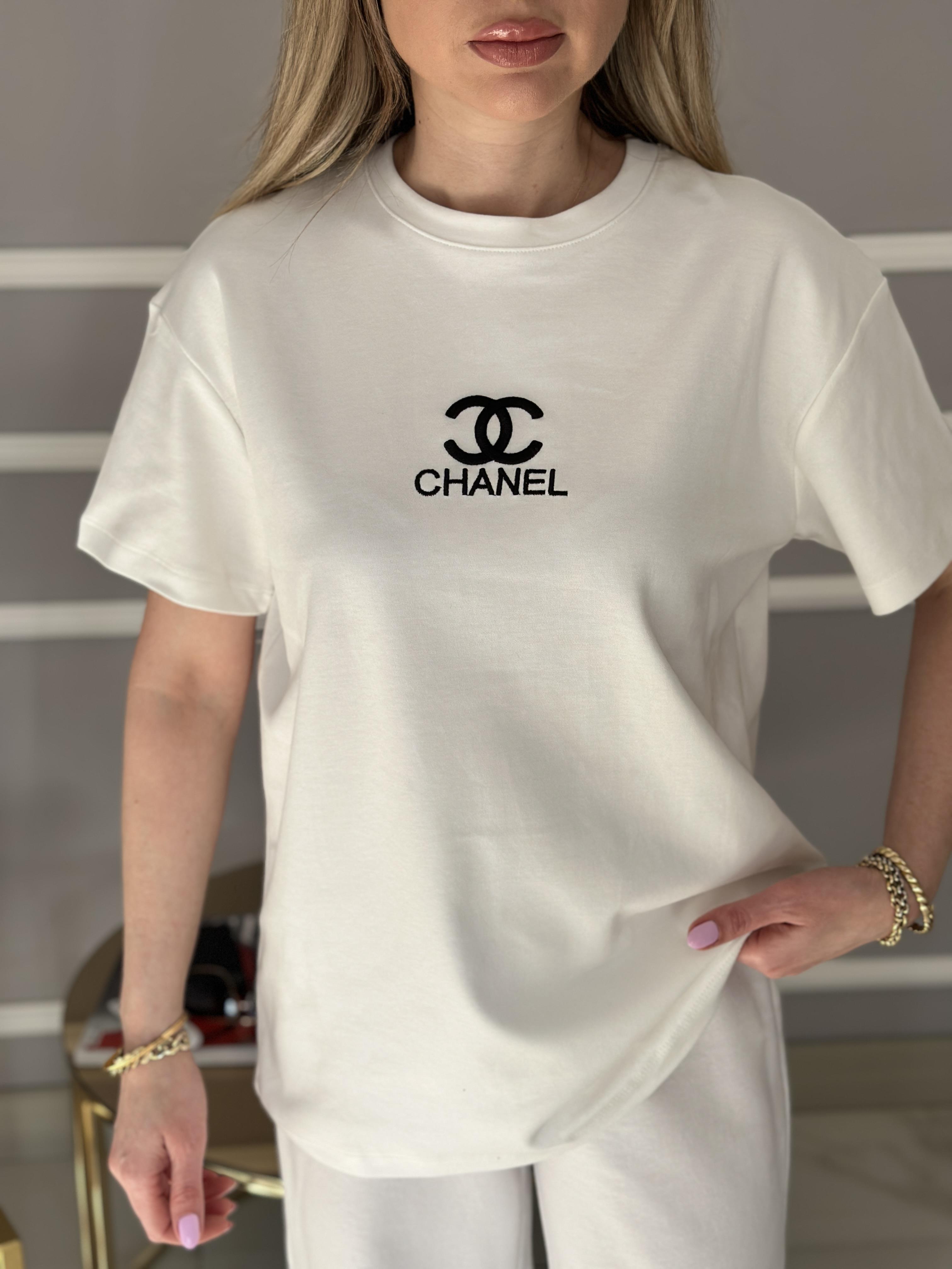 Ch T-shirt Nakış Yazılı Beyaz