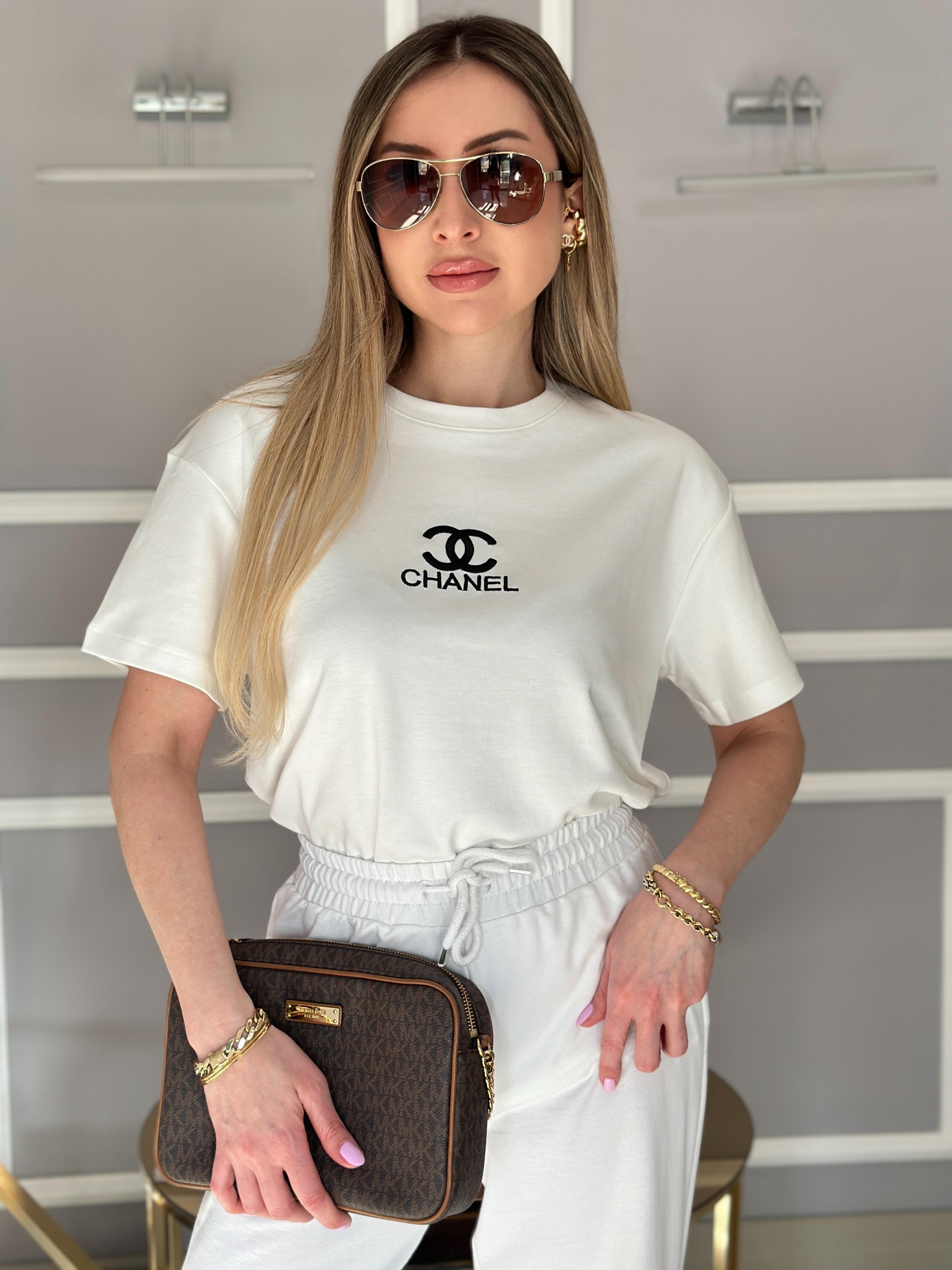 Ch T-shirt Nakış Yazılı Beyaz