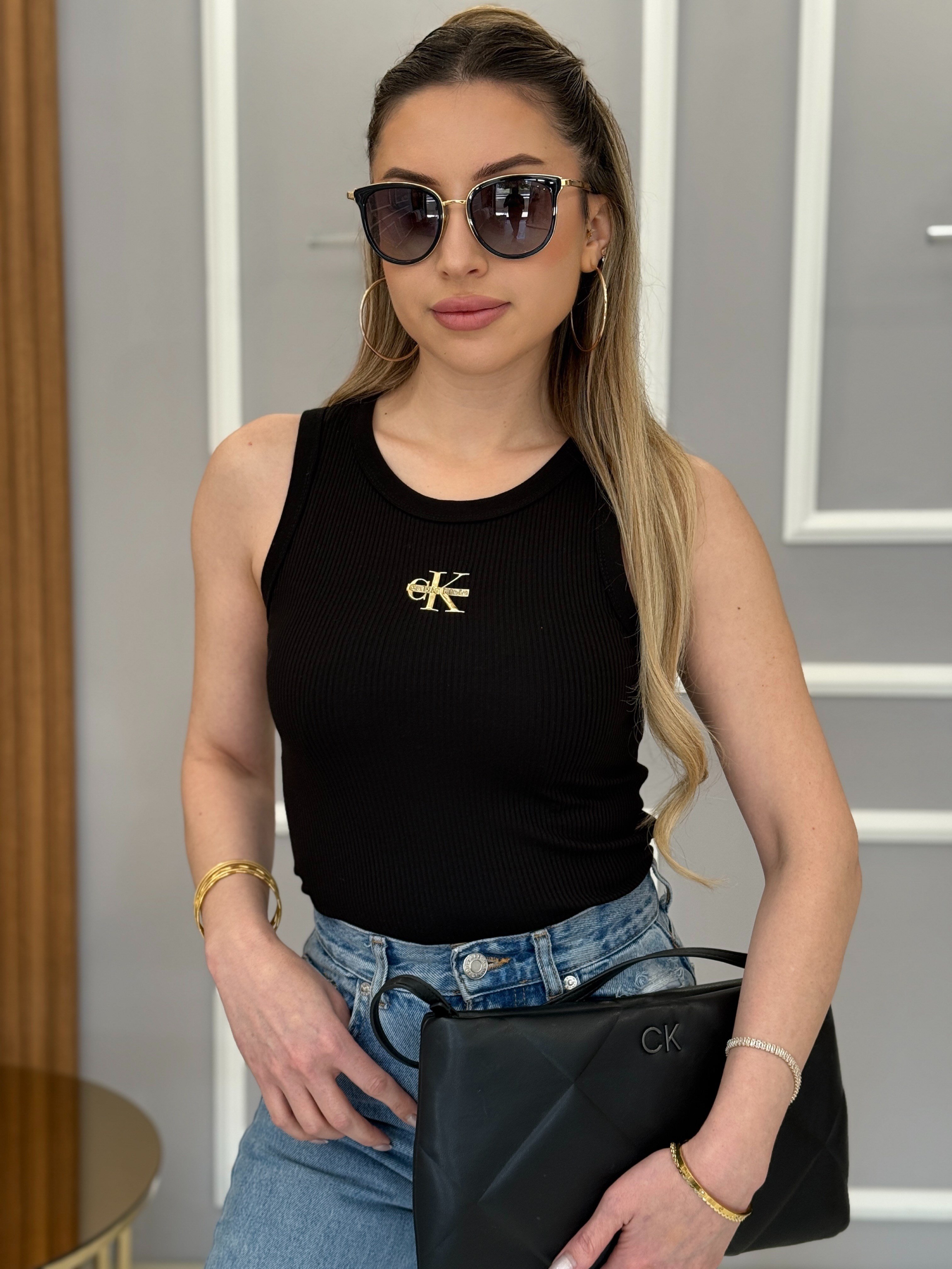 CN Premium Gold Detaylı Likralı Atlet Bluz Siyah 