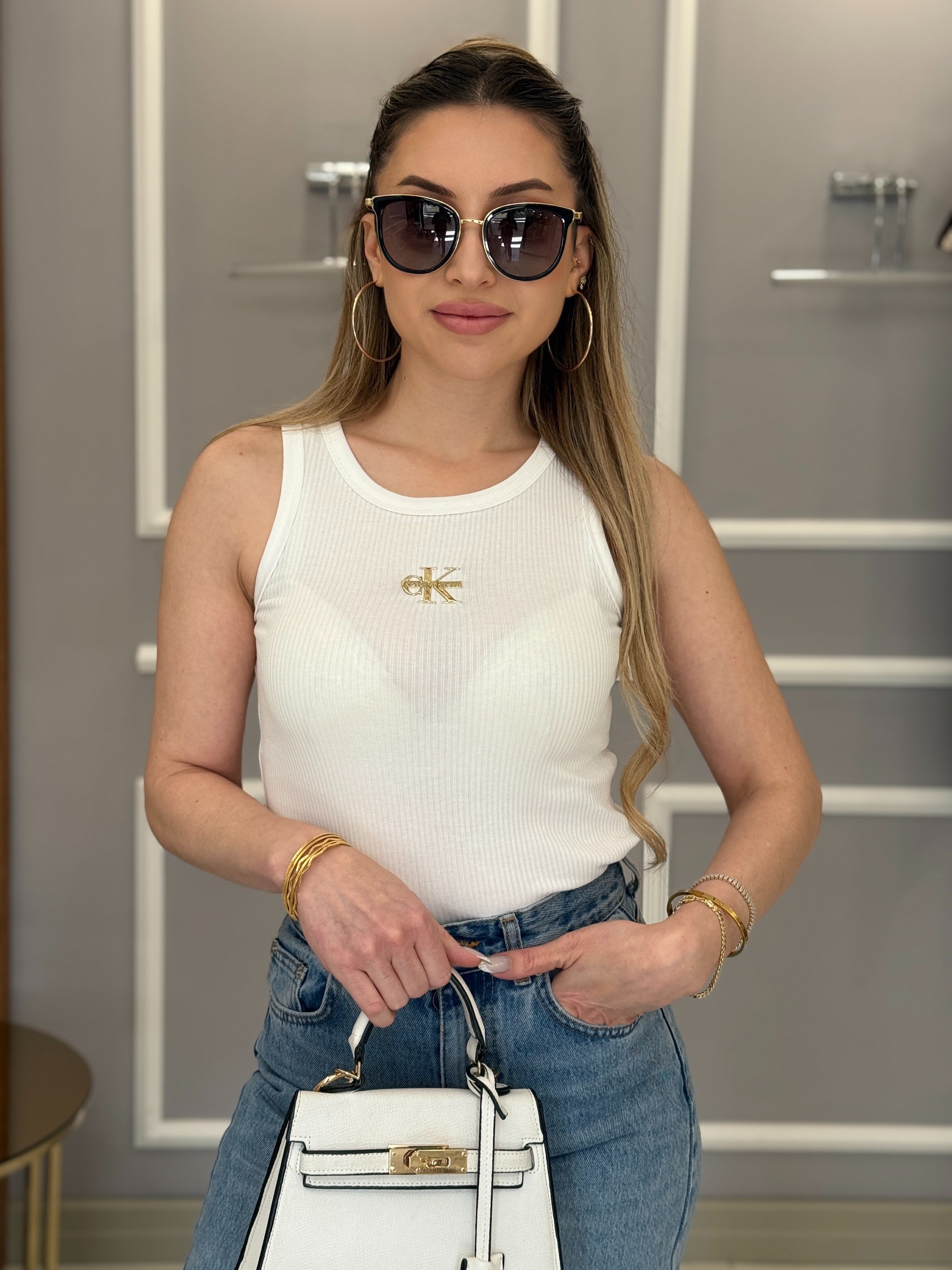 CN Premium Gold Detaylı Likralı Atlet Bluz Beyaz 