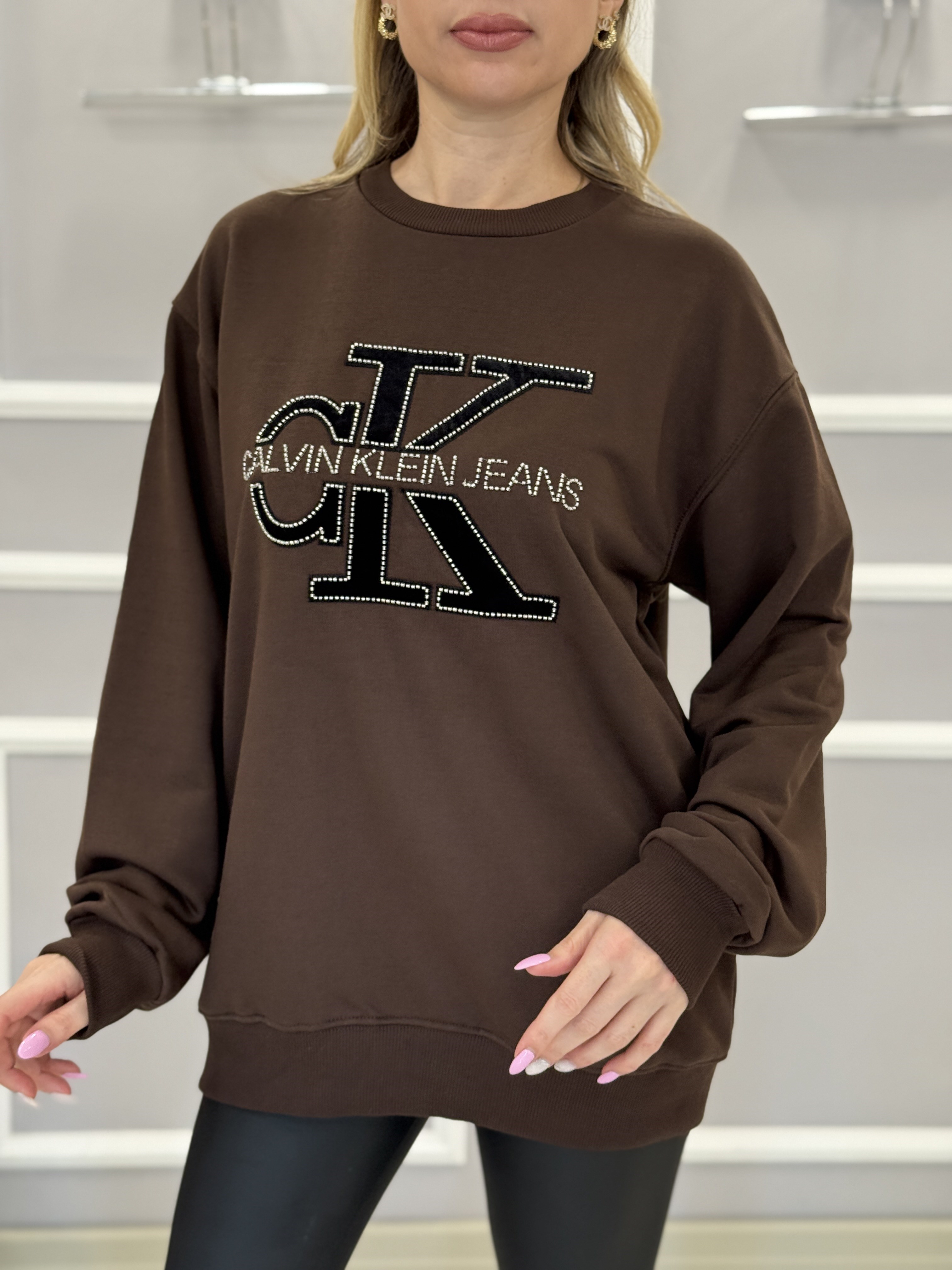 CN Premium Kadife Yazı Detaylı Sweatshirt Kahverengi Boyu 72cm 