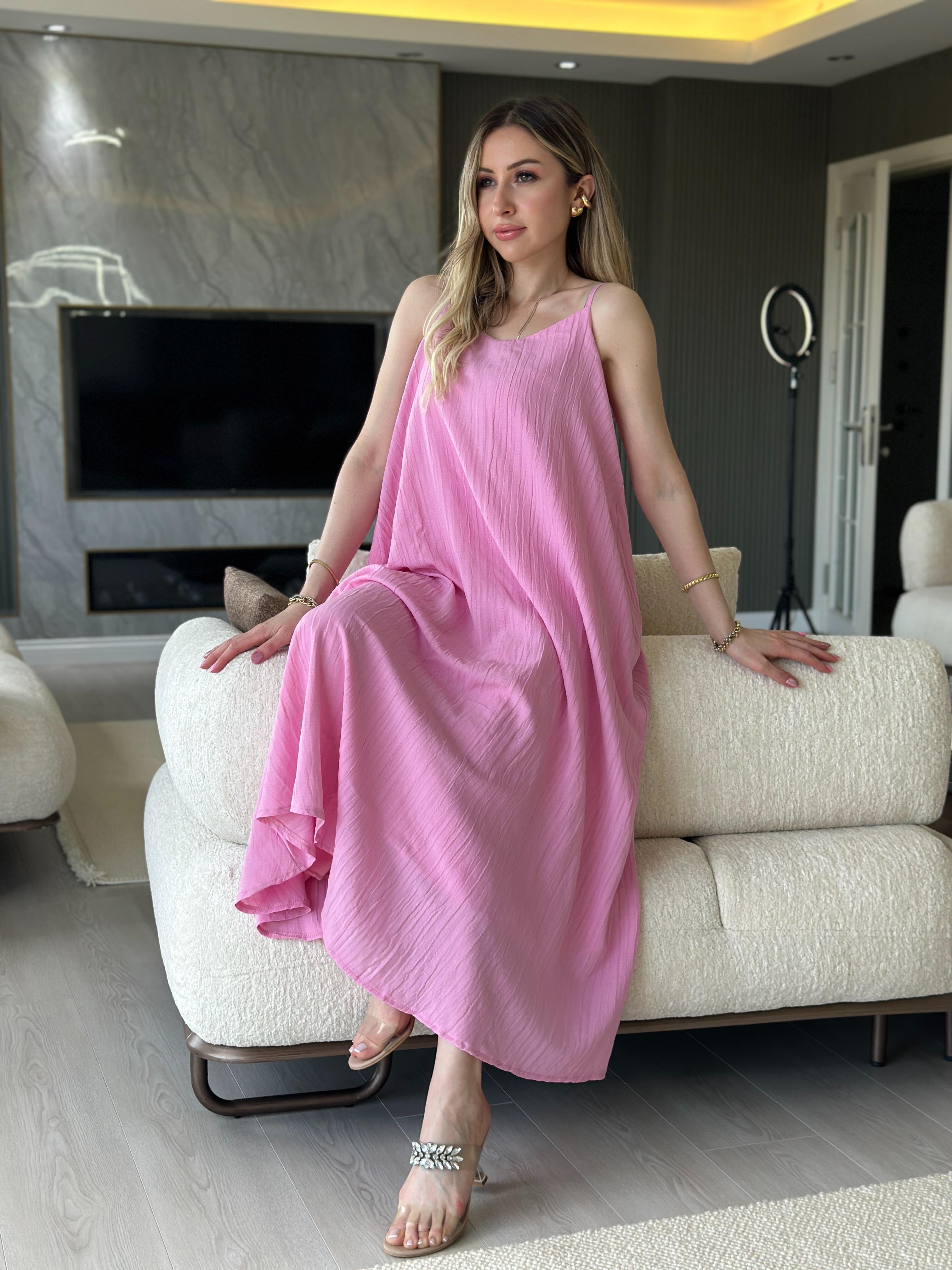 Elbise Naturel İçi Astarlı Uzun Pembe