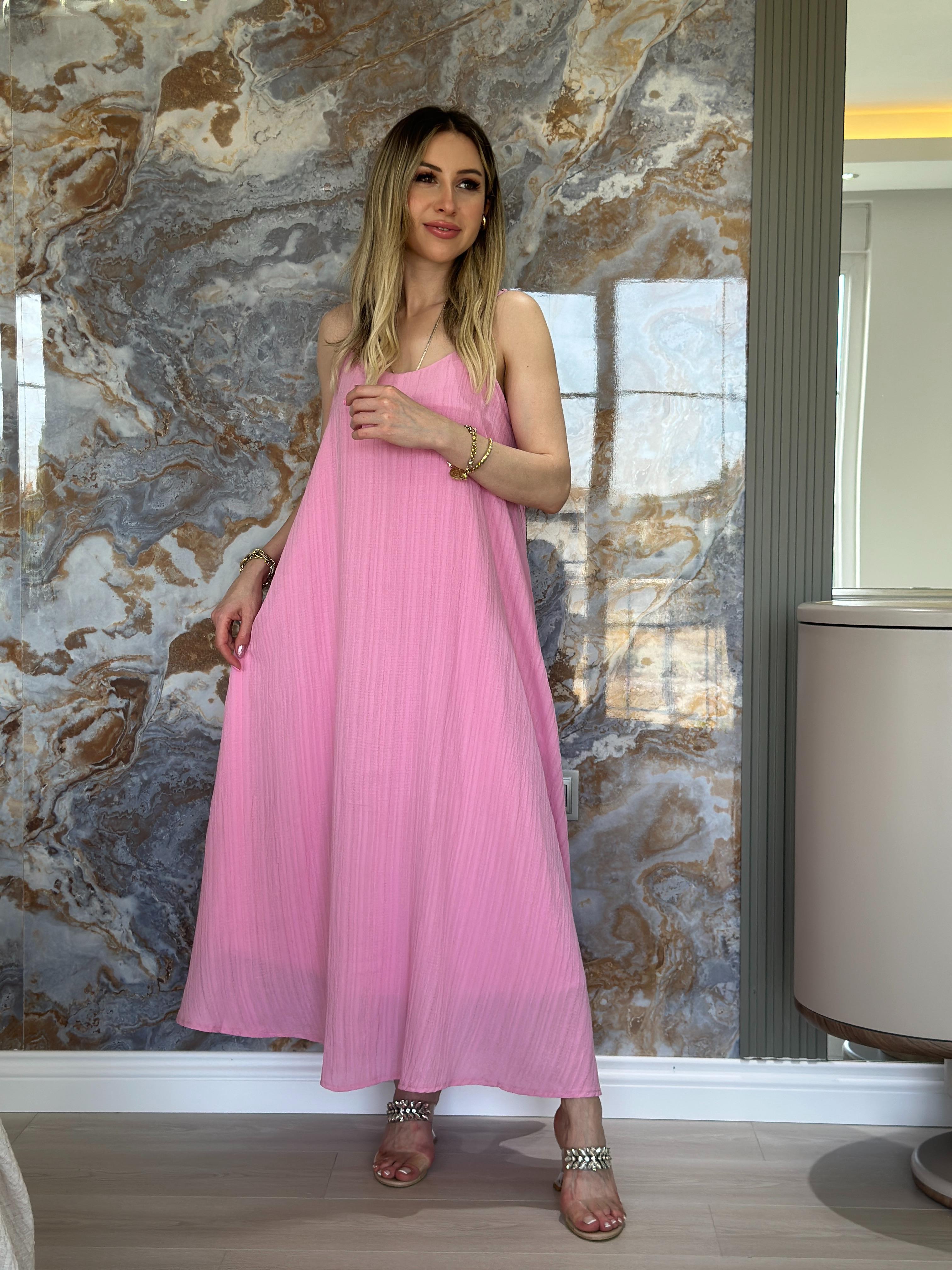 Elbise Naturel İçi Astarlı Uzun Pembe