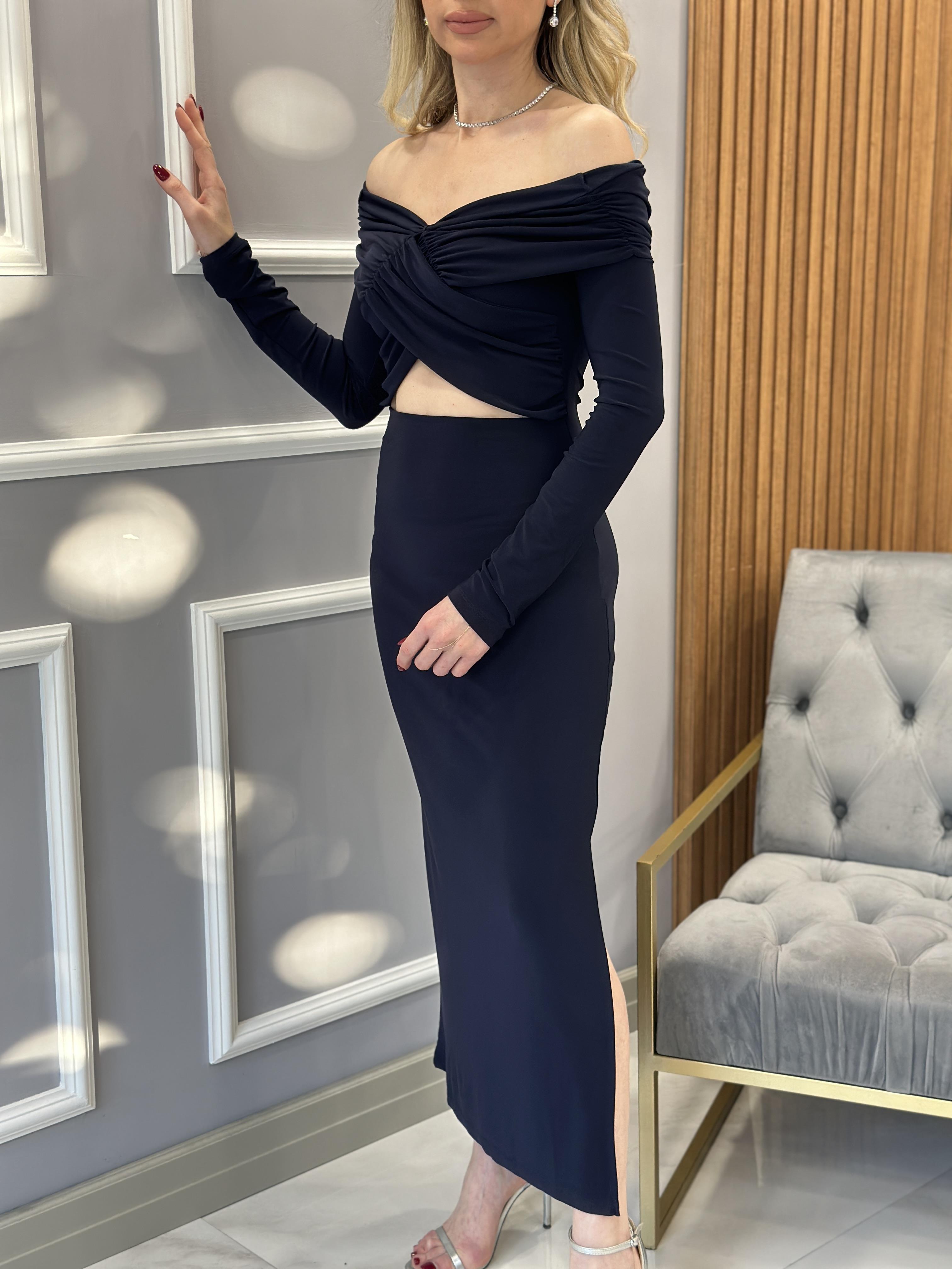 Elbise Pencere Detaylı Koyu Lacivert