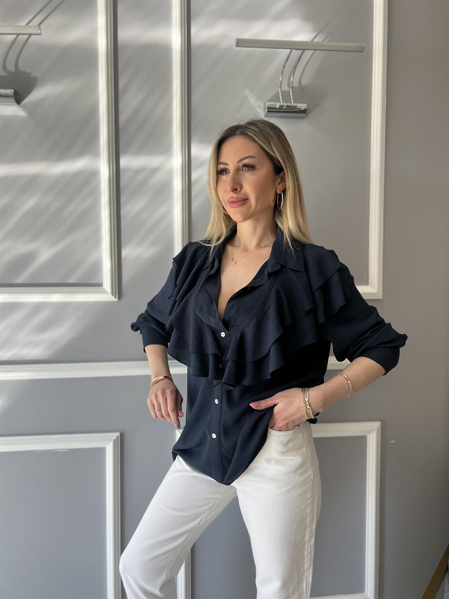 Fırfırlı Gömlek Bluz Lacivert