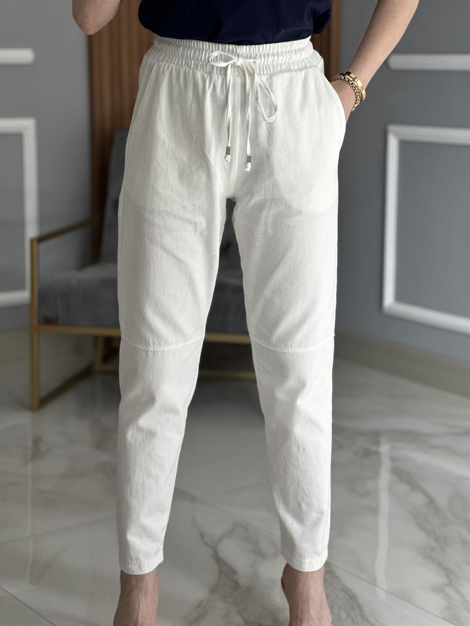 Gabardin Cimalı Pantolon Beyaz 