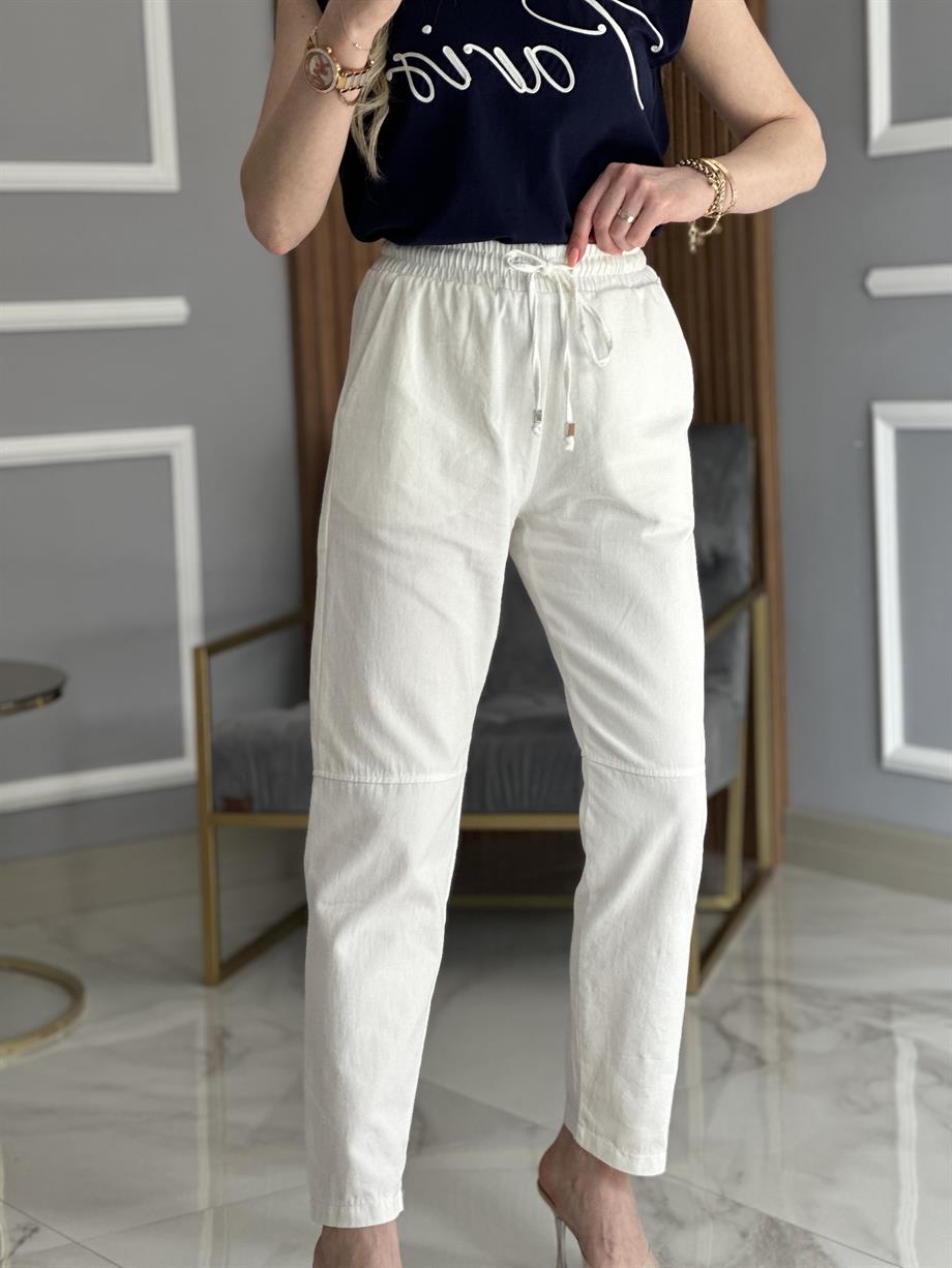 Gabardin Cimalı Pantolon Beyaz 