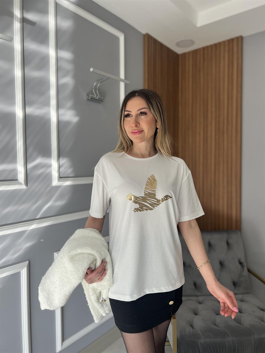 Gold Detaylı Tshirt Beyaz