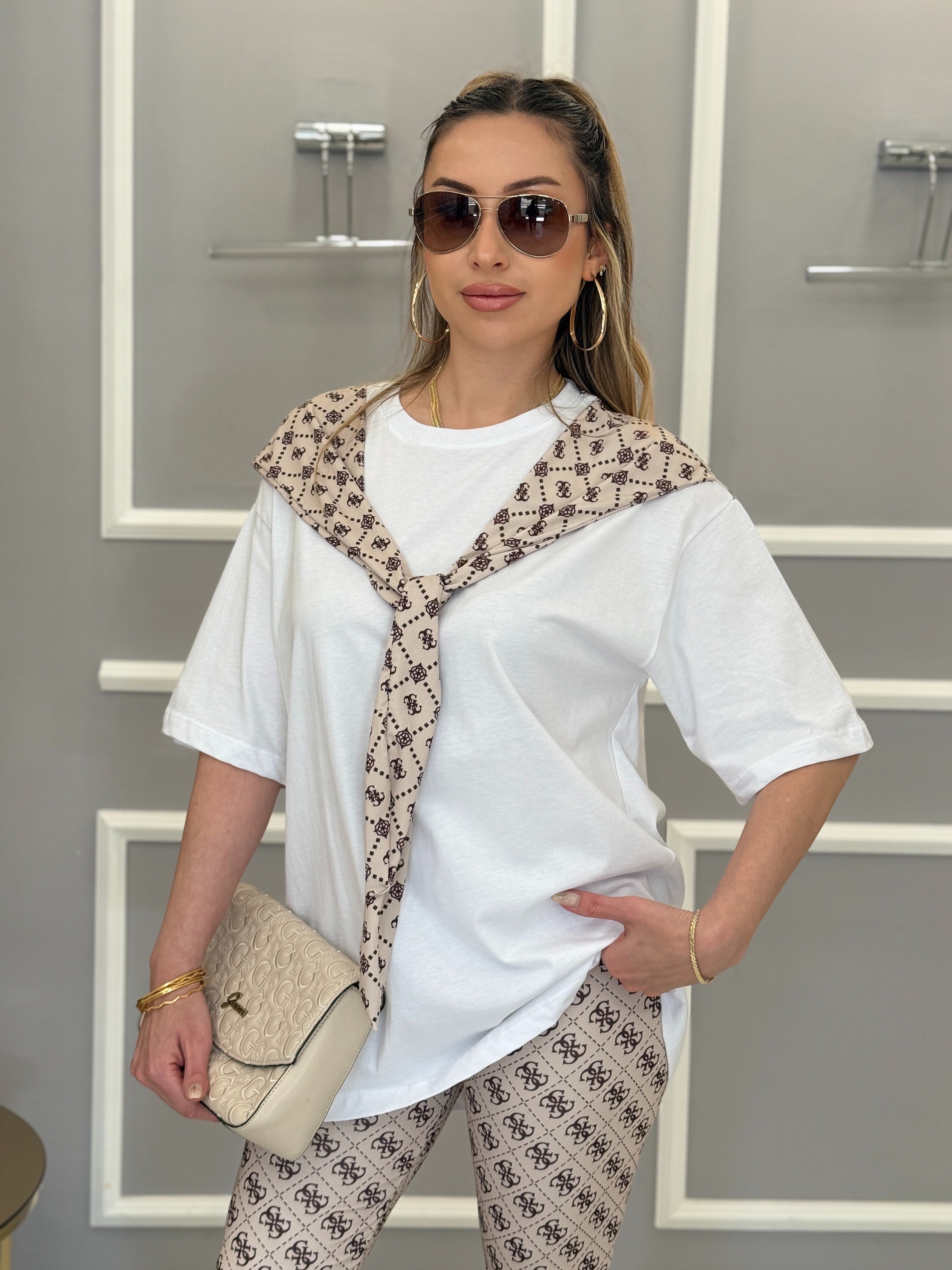 Gu Fularlı Oversize Tişört Vizon