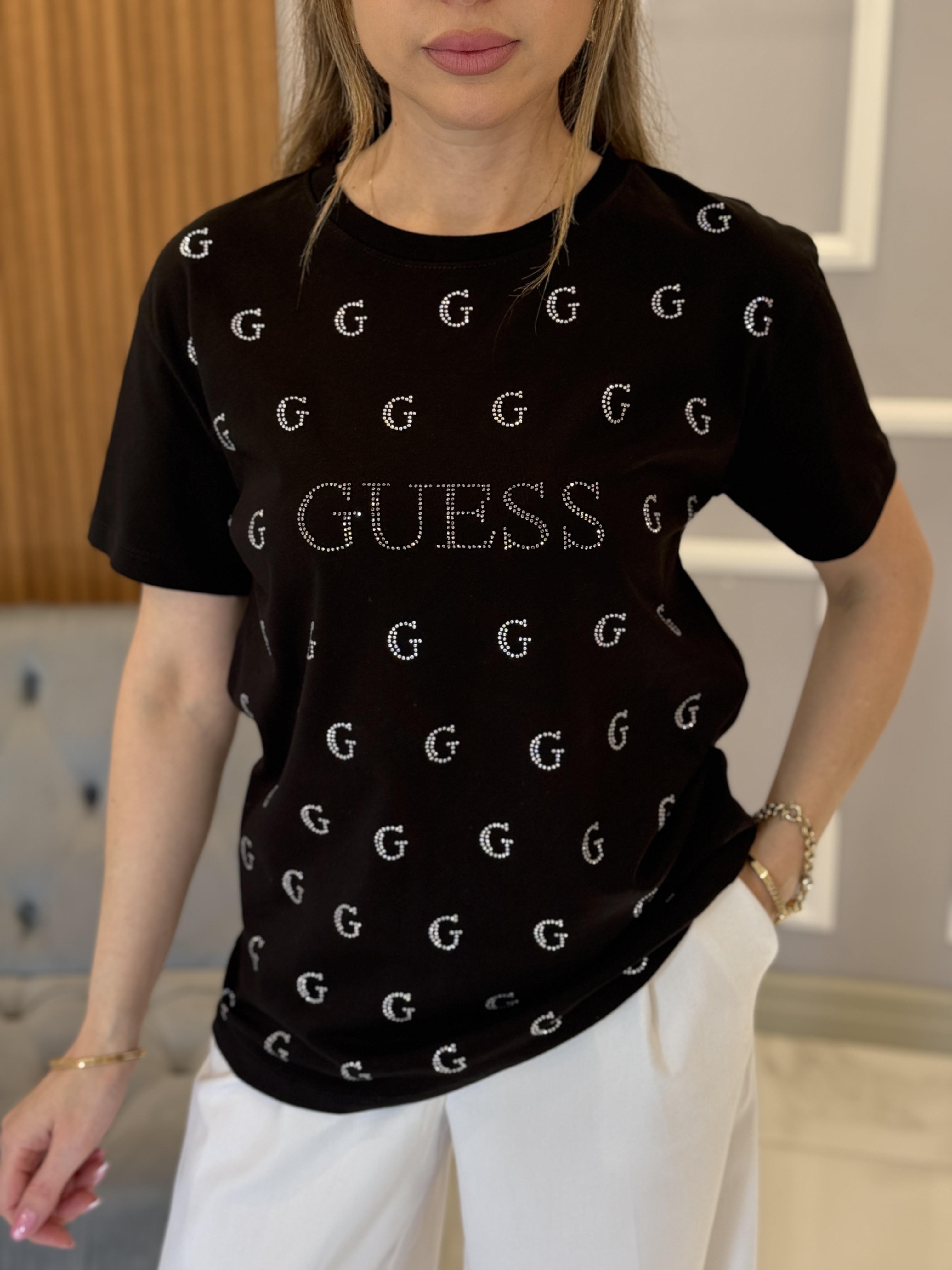 Gu Harf Taşlı Premium Tişört Siyah