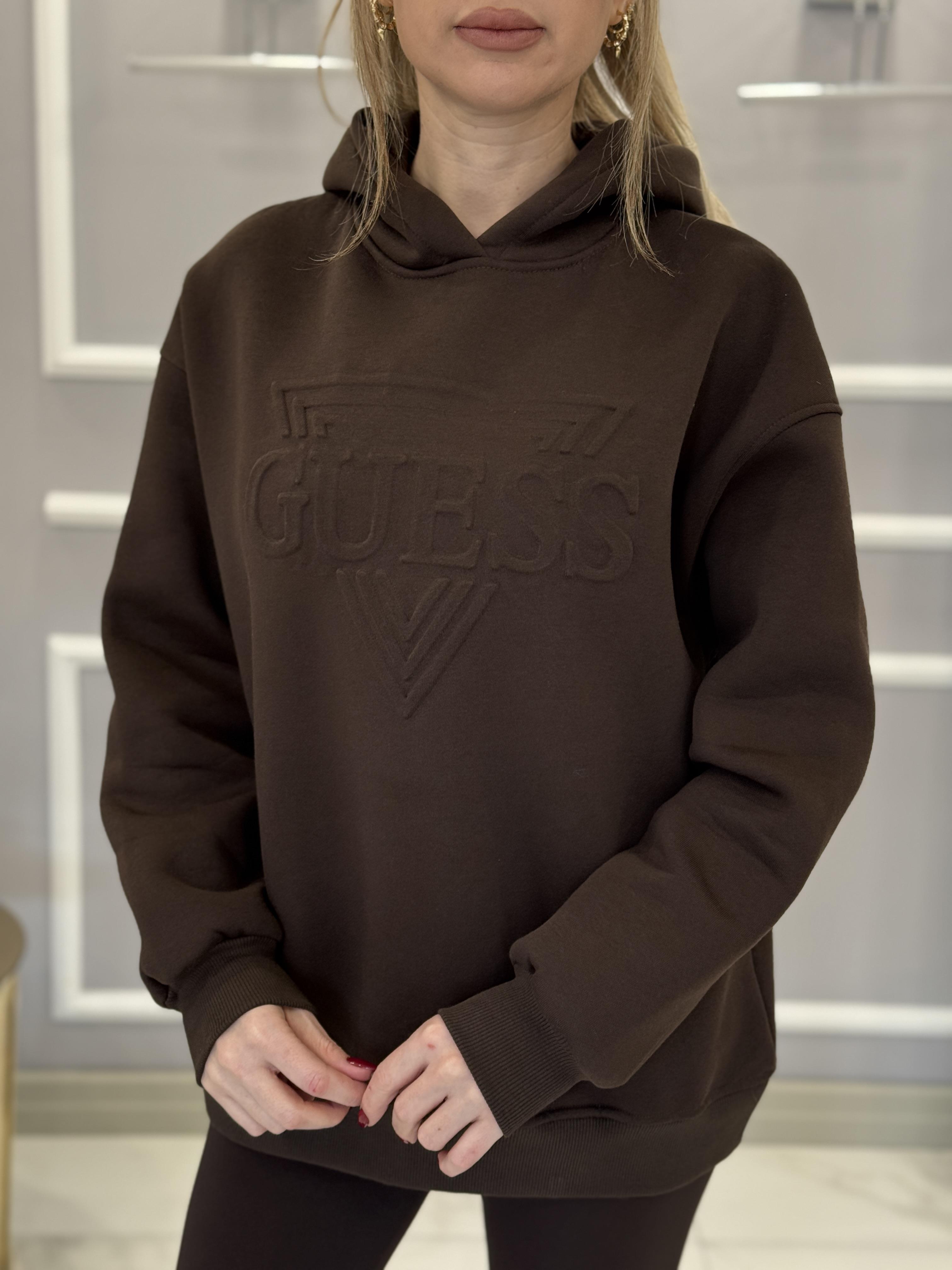 Gu Kapşonlu Kabartma Yazılı Kahverengi Sweatshirt