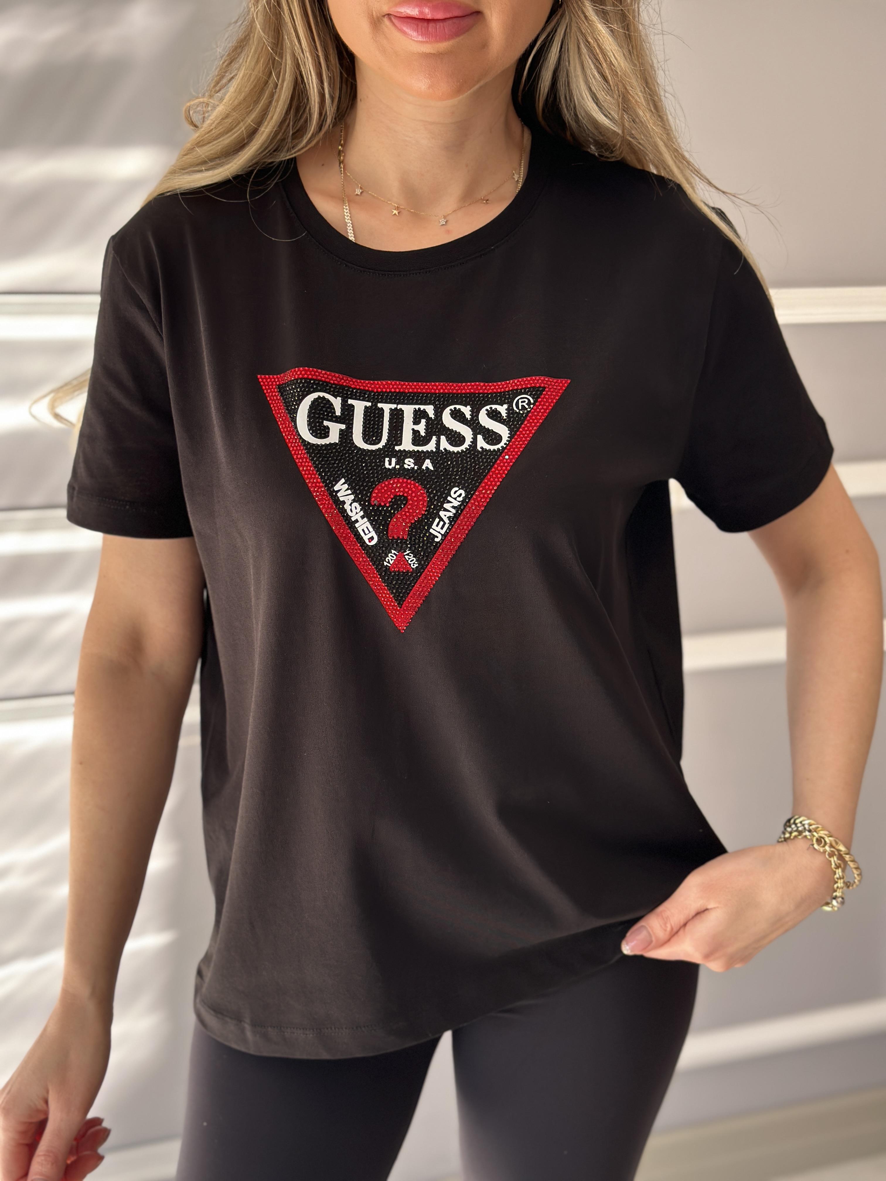 Gu Kırmızı Silver Taş Detaylı Siyah T-shirt