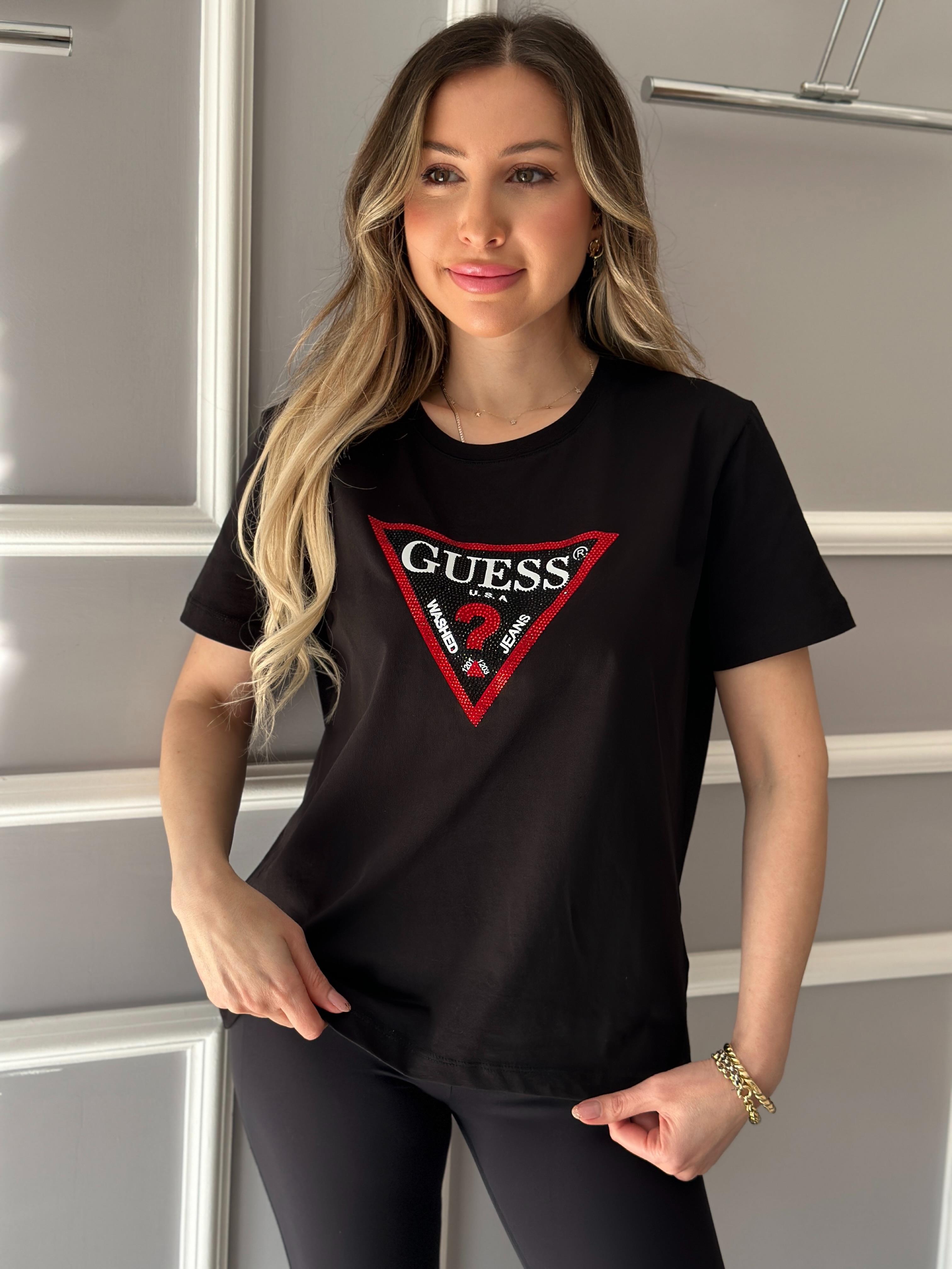 Gu Kırmızı Silver Taş Detaylı Siyah T-shirt