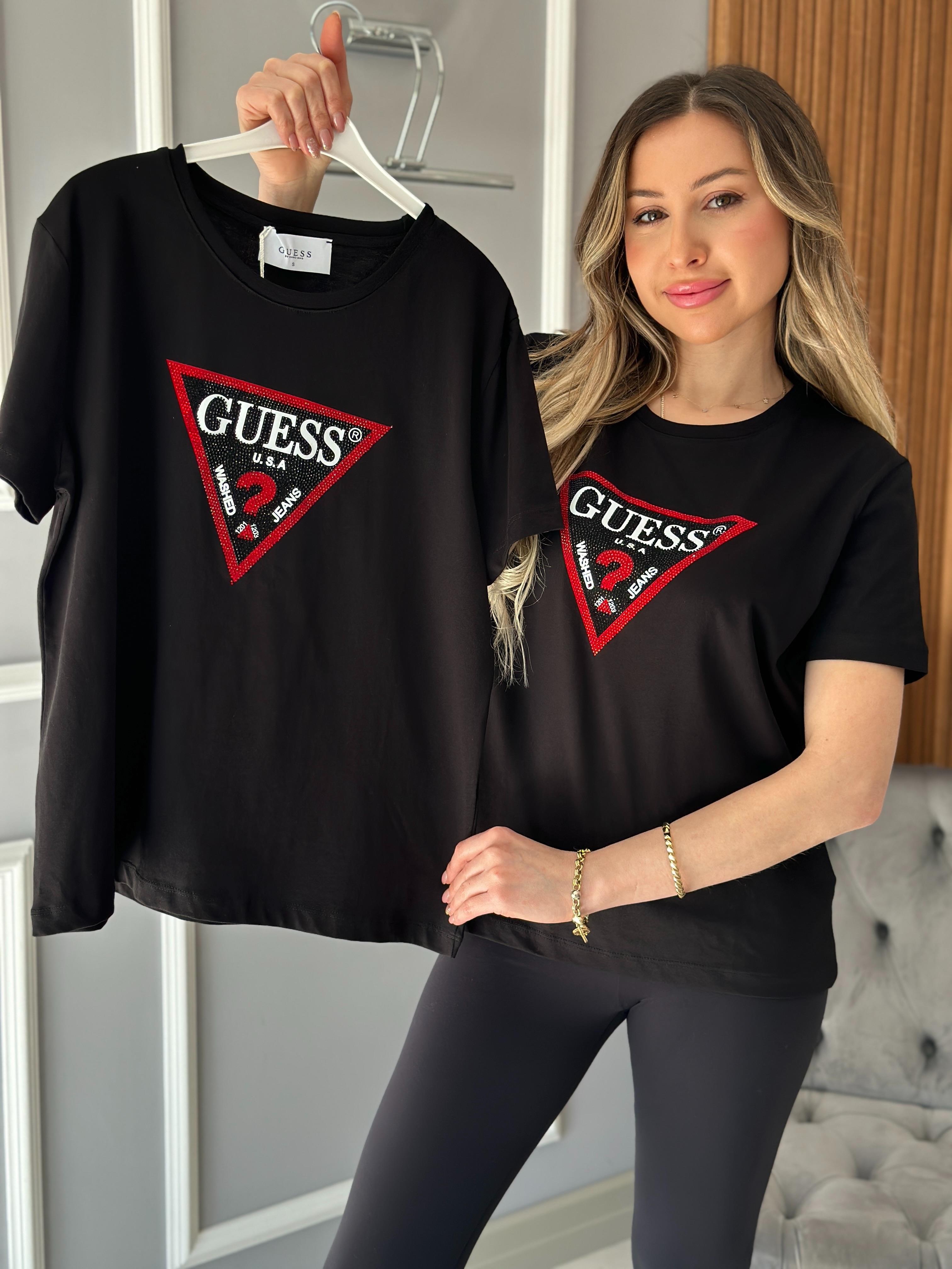 Gu Kırmızı Silver Taş Detaylı Siyah T-shirt