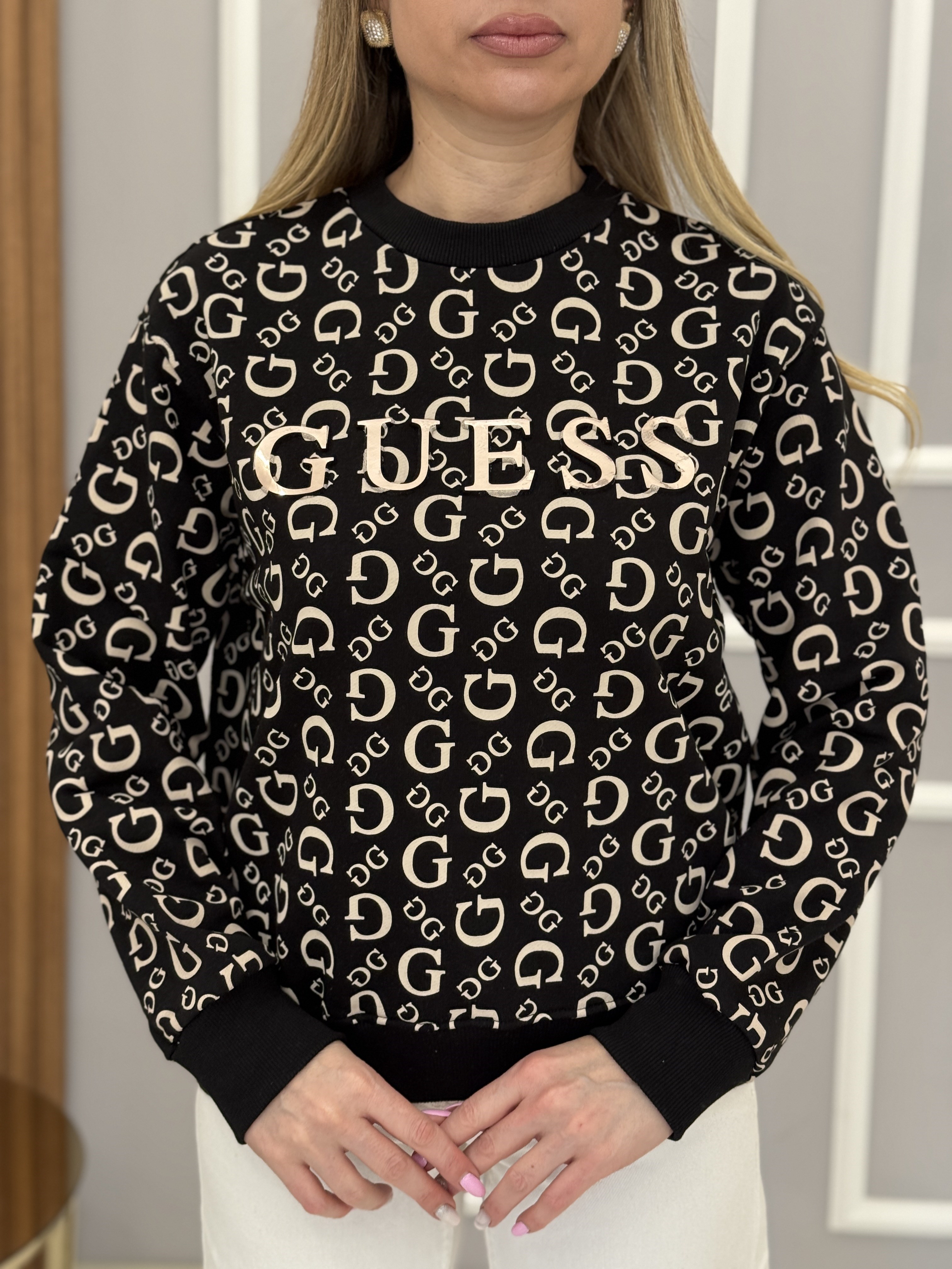Gu Premium Gold Yazı Detaylı Sweatshirt Siyah Boyu 59 cm