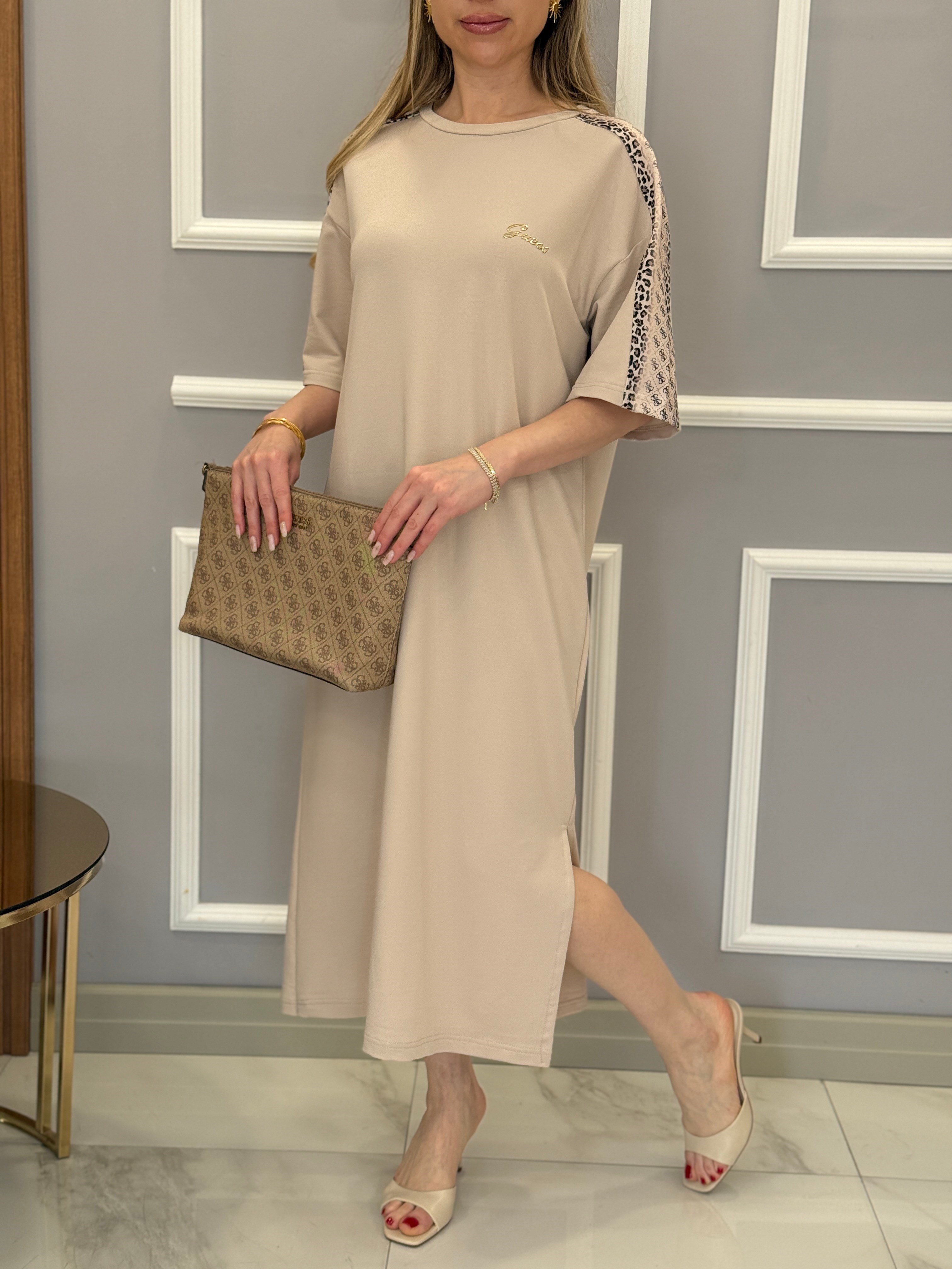 Gu Premium Kol Yan Geçişli  Boyu 118cm Vizon Elbise 
