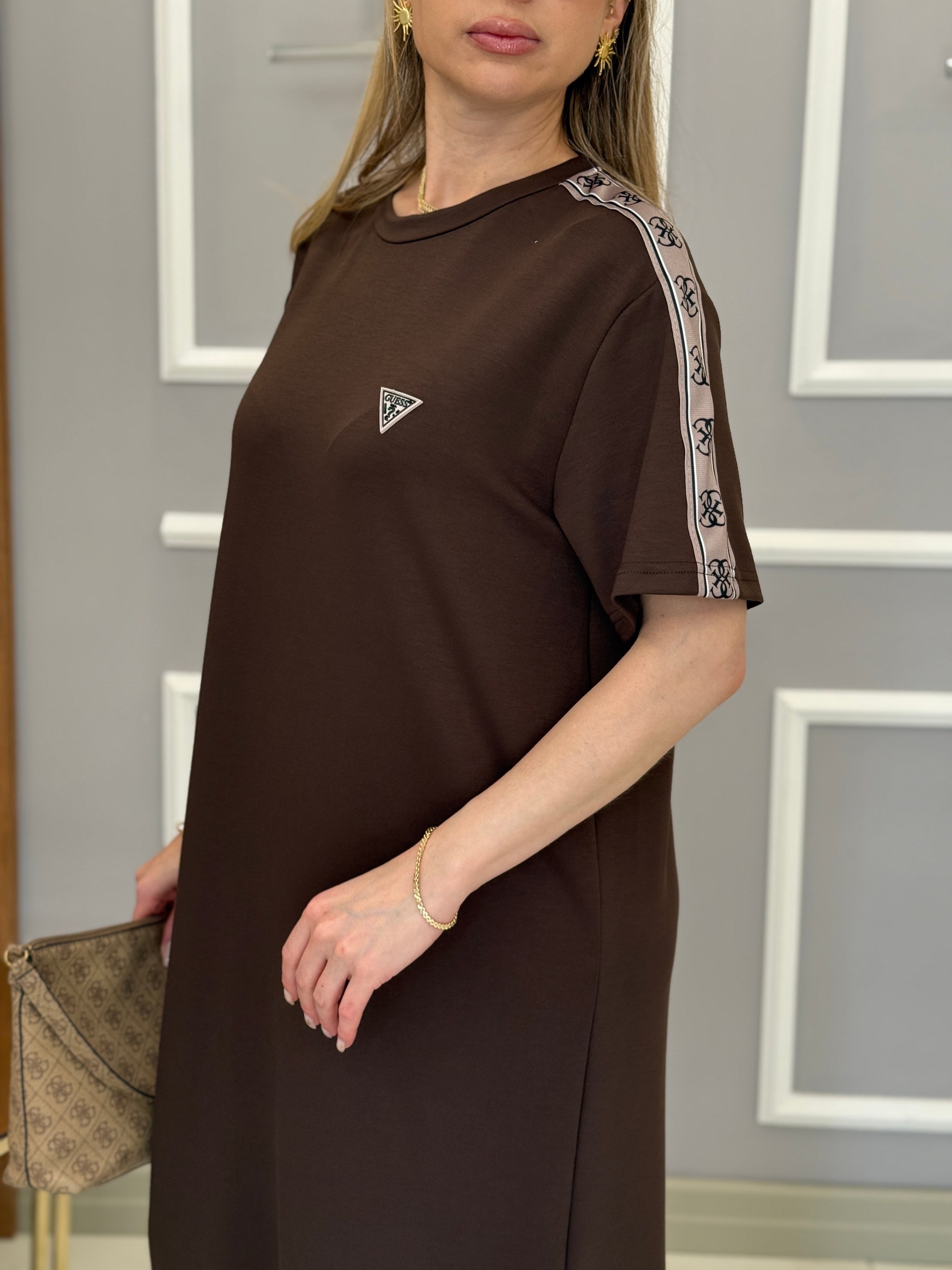 Gu Premium Modal Kumaş Kol Detaylı Yandan Tek Yırtmaçlı Boyu 110cm Kahverengi Elbise 