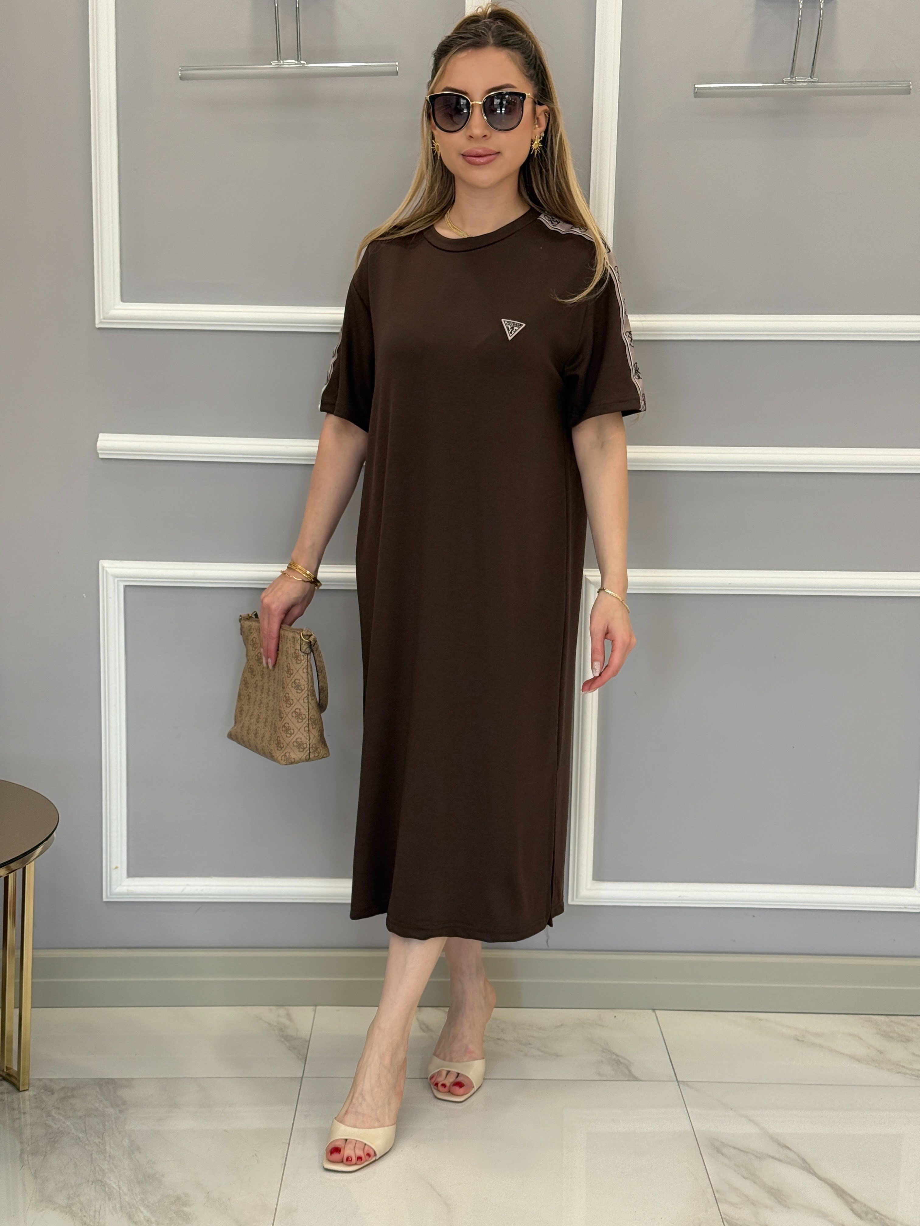 Gu Premium Modal Kumaş Kol Detaylı Yandan Tek Yırtmaçlı Boyu 110cm Kahverengi Elbise 