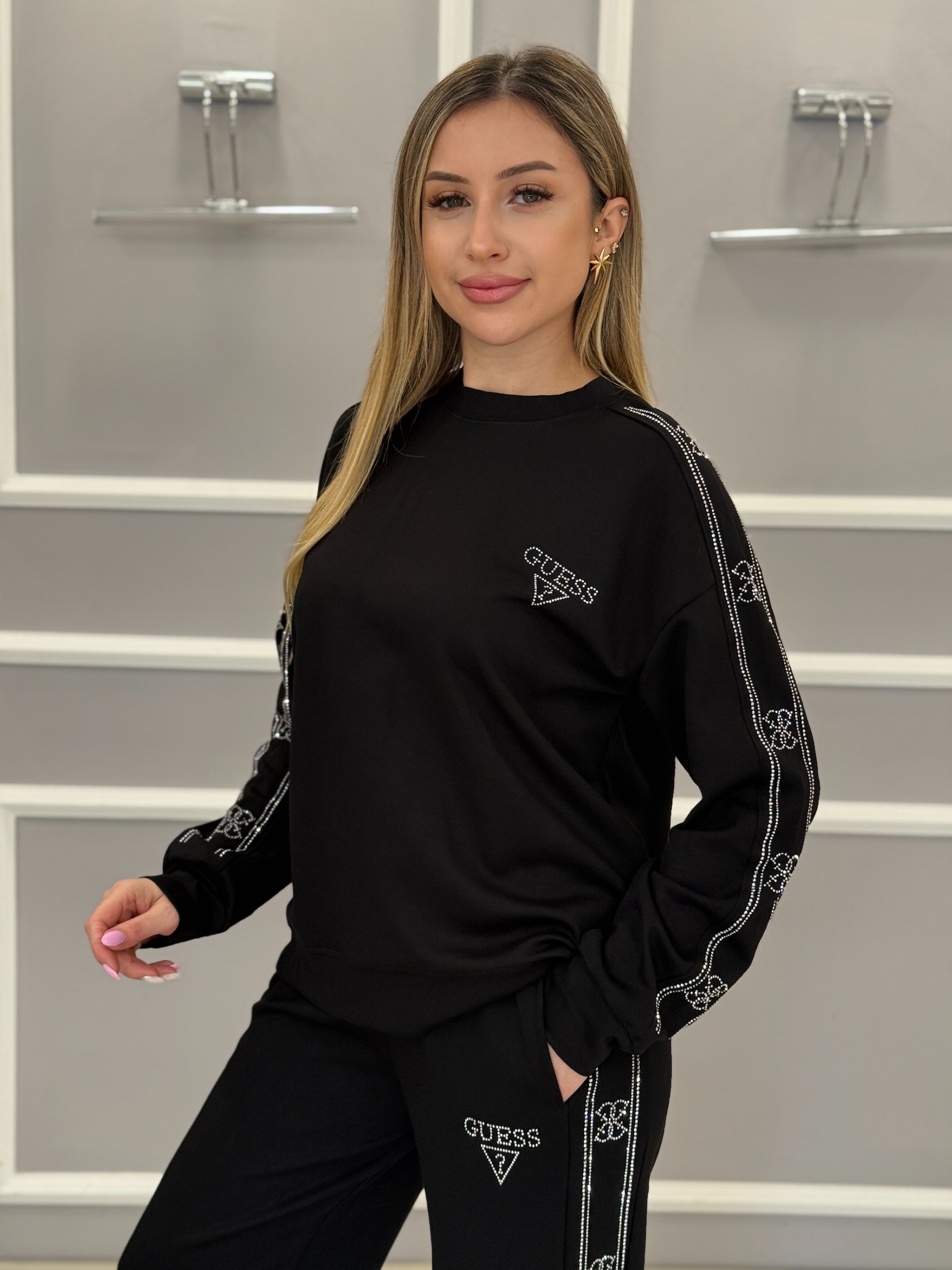 Gu Premium Modal Kumaş Kol Taş Detaylı Siyah Takım 