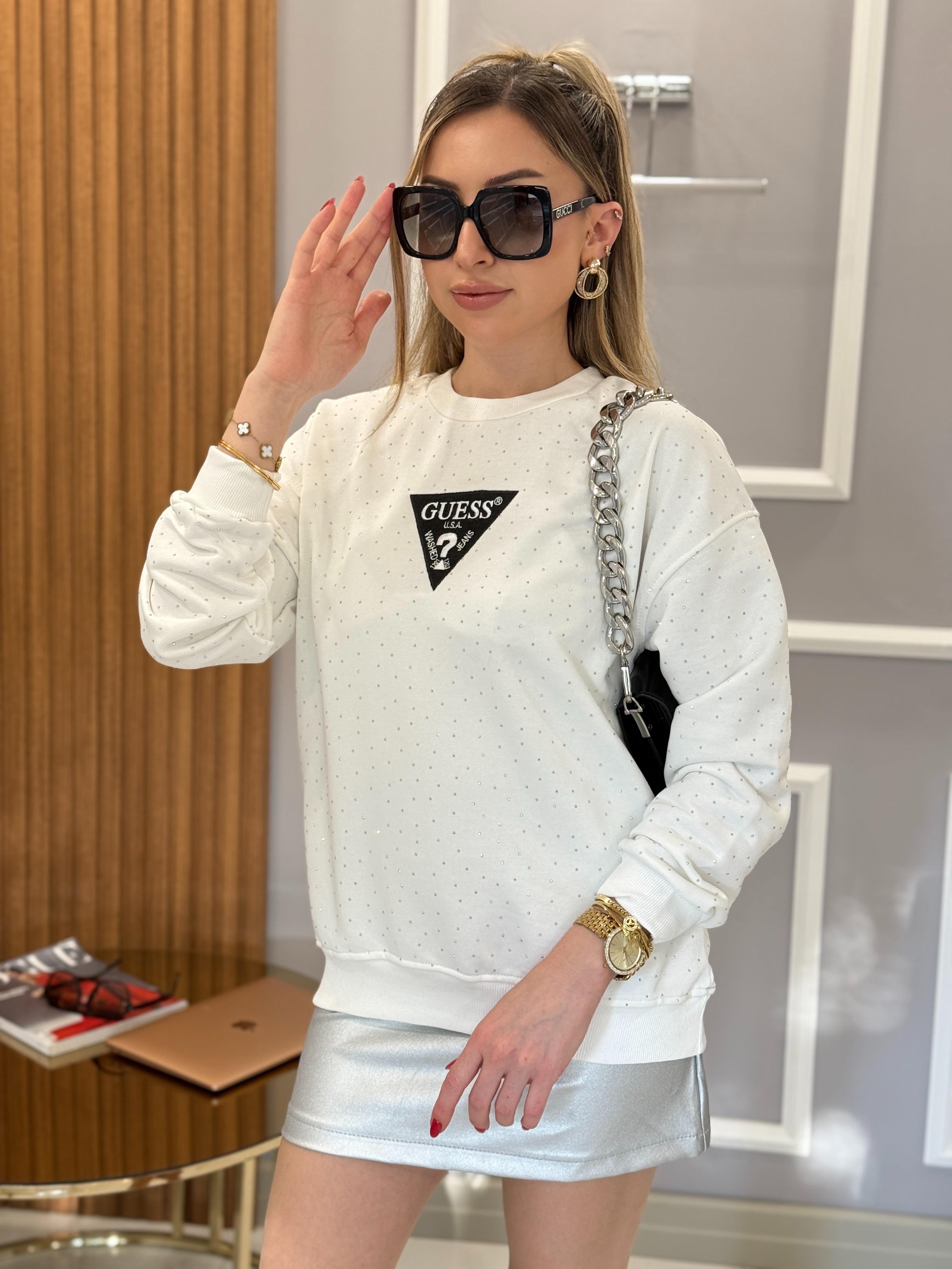 Gu Serpme Taşlı Sweat Boyu 65 cm Beyaz