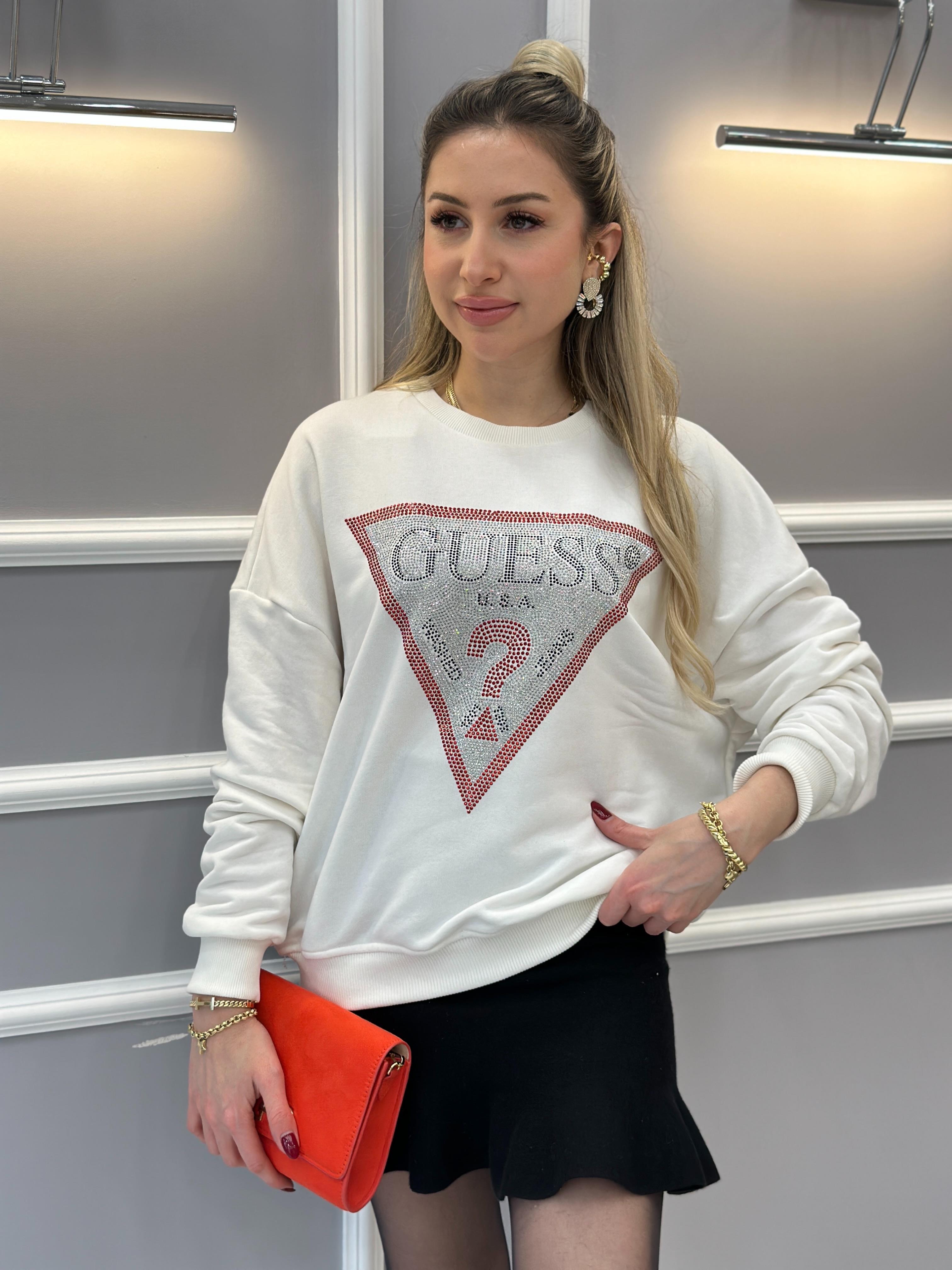 Gu Sweatshirt Kırmızı Şerit Taş Yazı Detaylı Beyaz