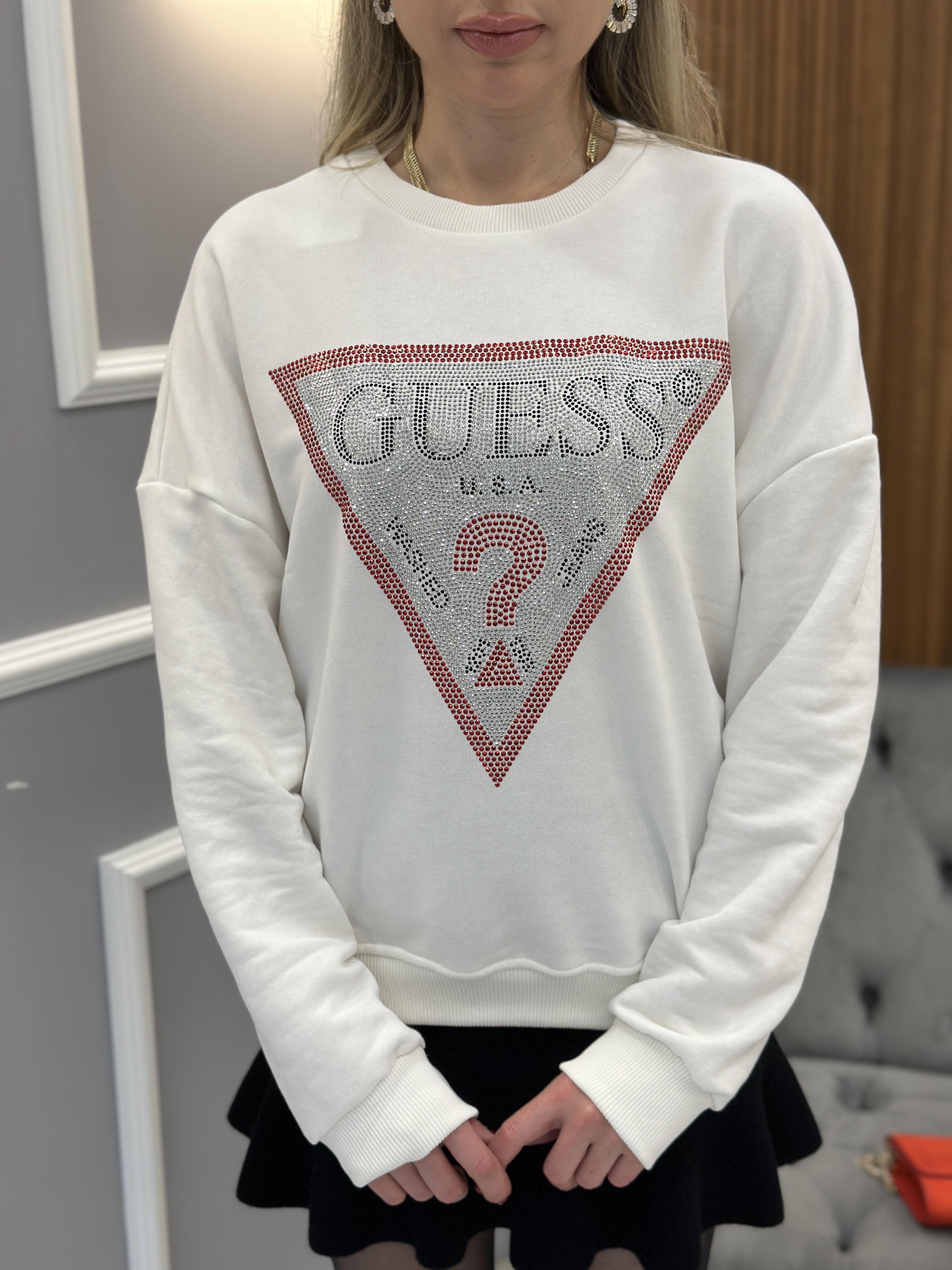 Gu Sweatshirt Kırmızı Şerit Taş Yazı Detaylı Beyaz