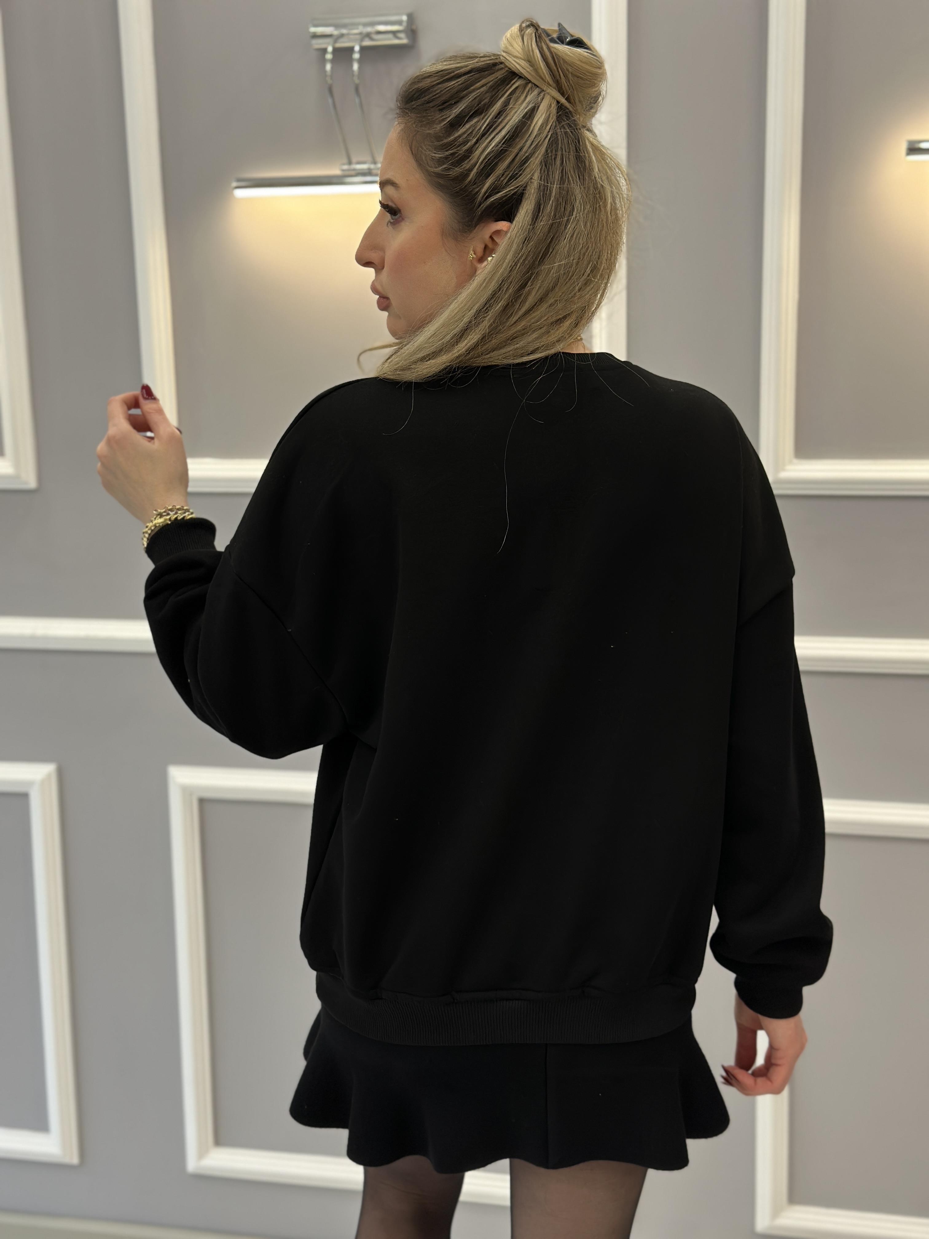 Gu Sweatshirt Kırmızı Şerit Taş Yazı Detaylı Siyah