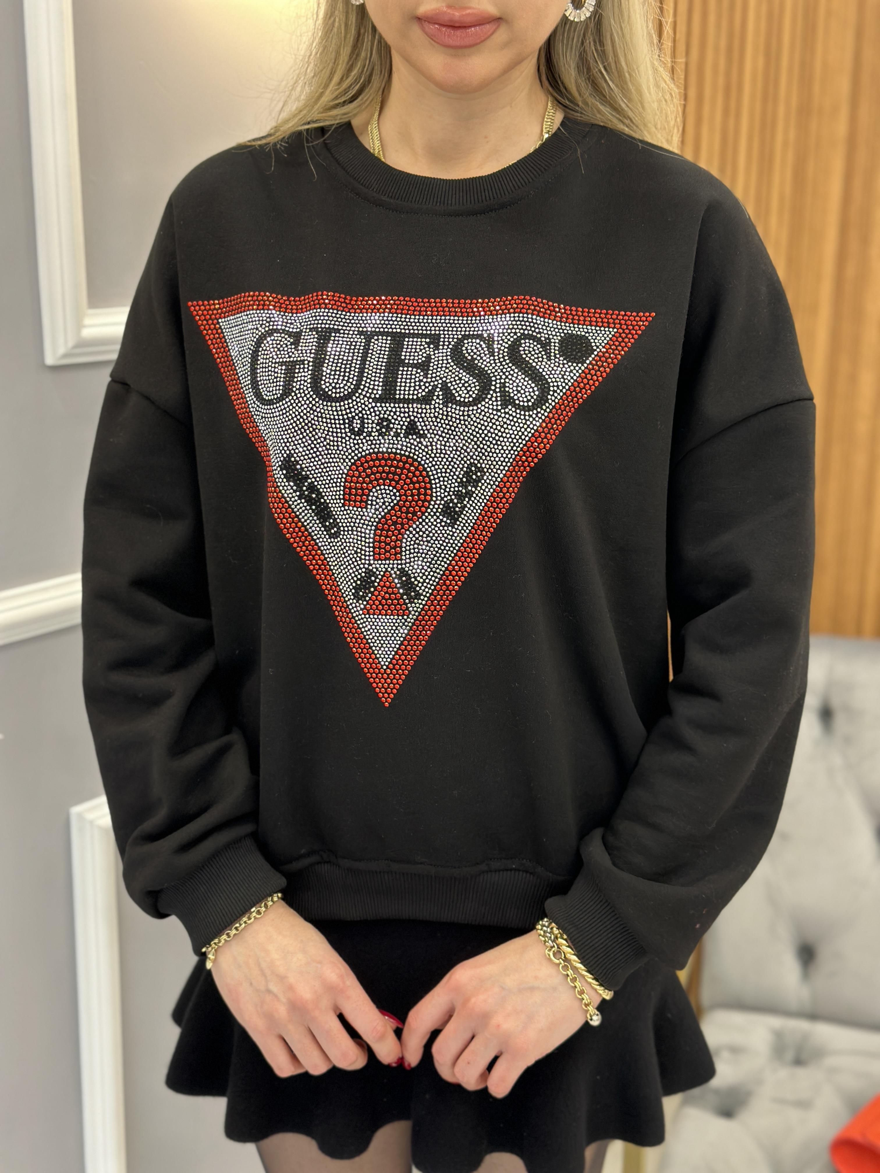 Gu Sweatshirt Kırmızı Şerit Taş Yazı Detaylı Siyah