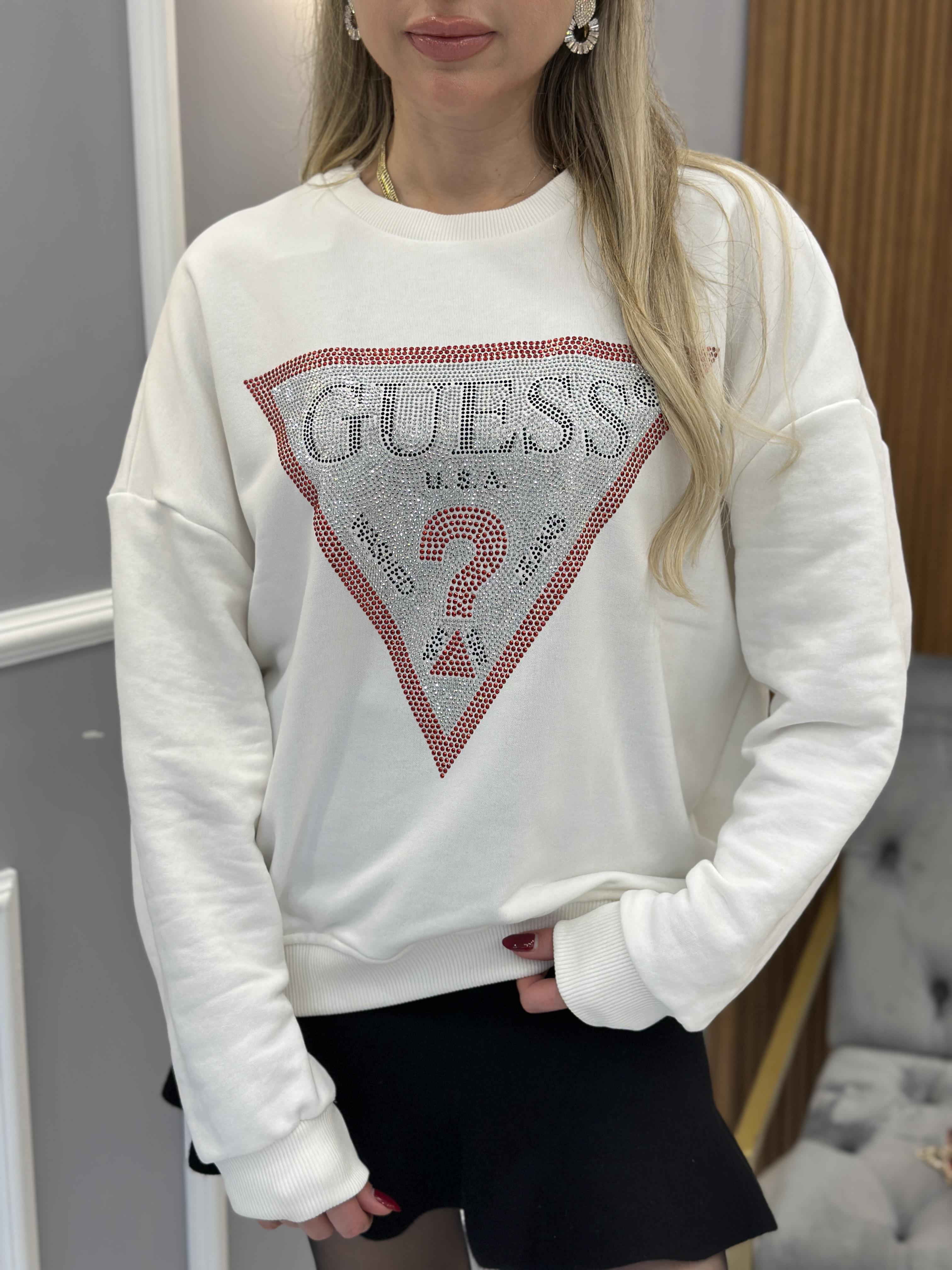 Gu Sweatshirt Kırmızı Şerit Taş Yazı Detaylı Beyaz