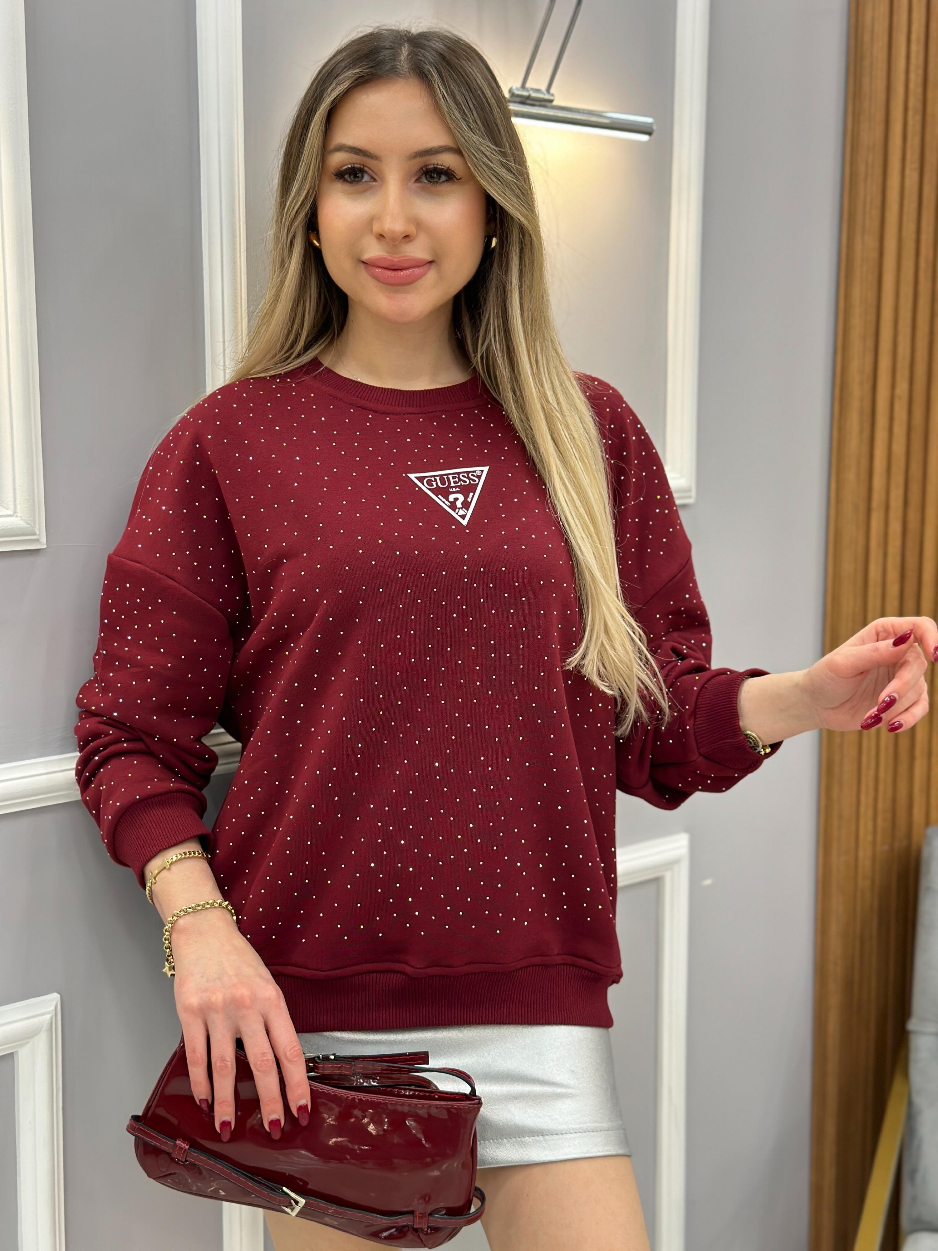 Gu Sweatshirt Serpme Taşlı Bordo