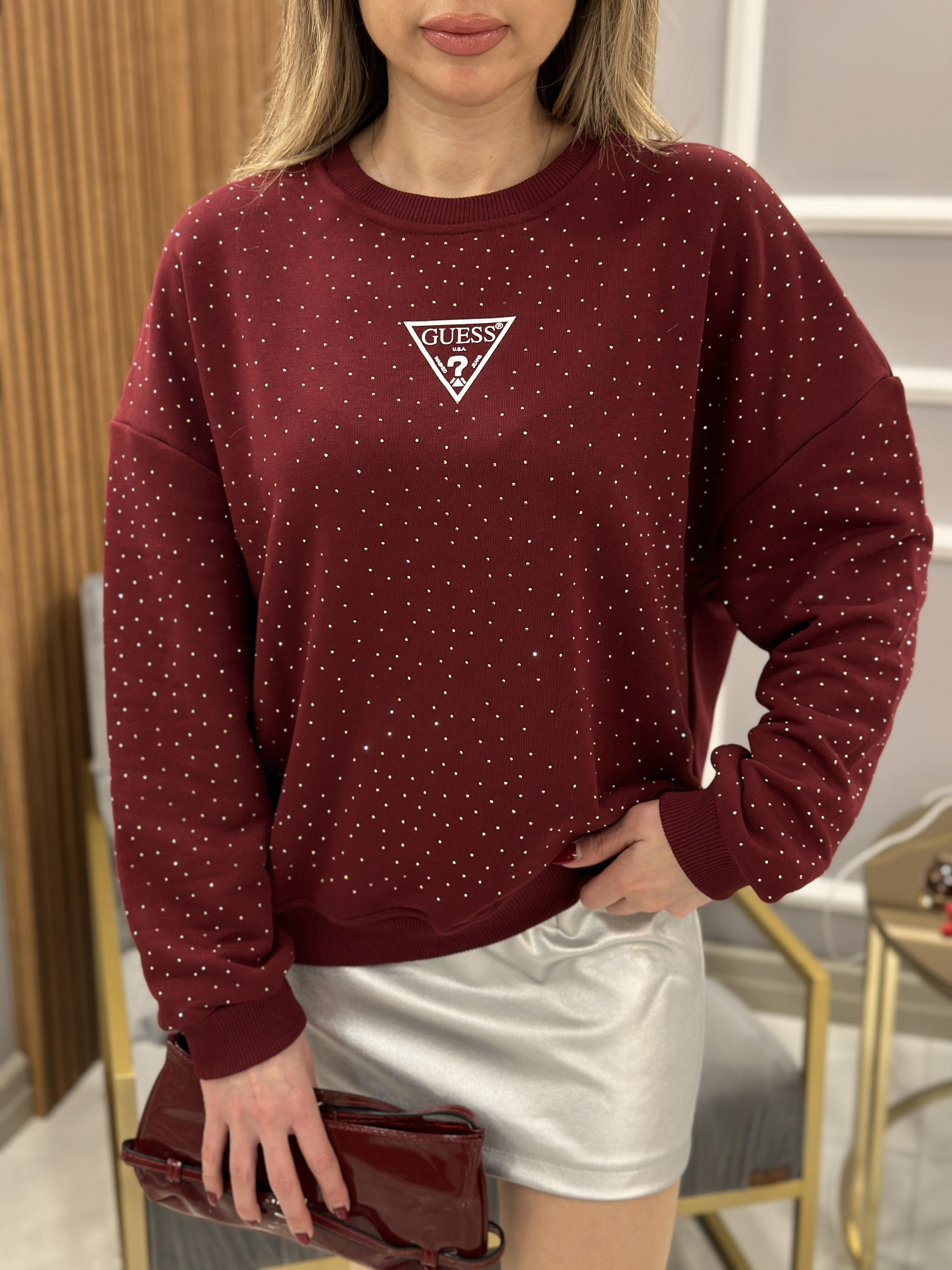 Gu Sweatshirt Serpme Taşlı Bordo