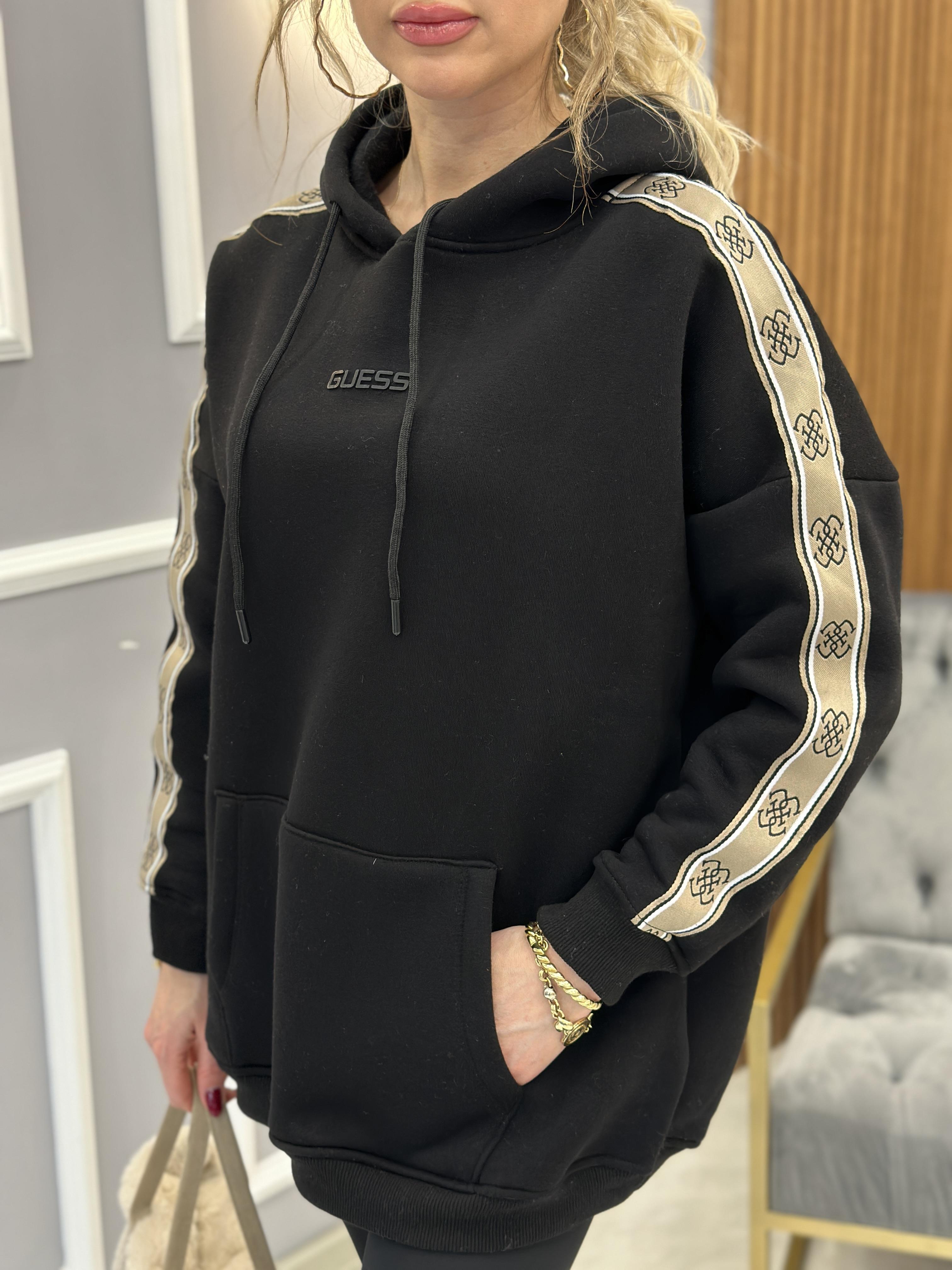 Gu Sweatshirt Yazı Kol Detaylı Kapşonlu Siyah