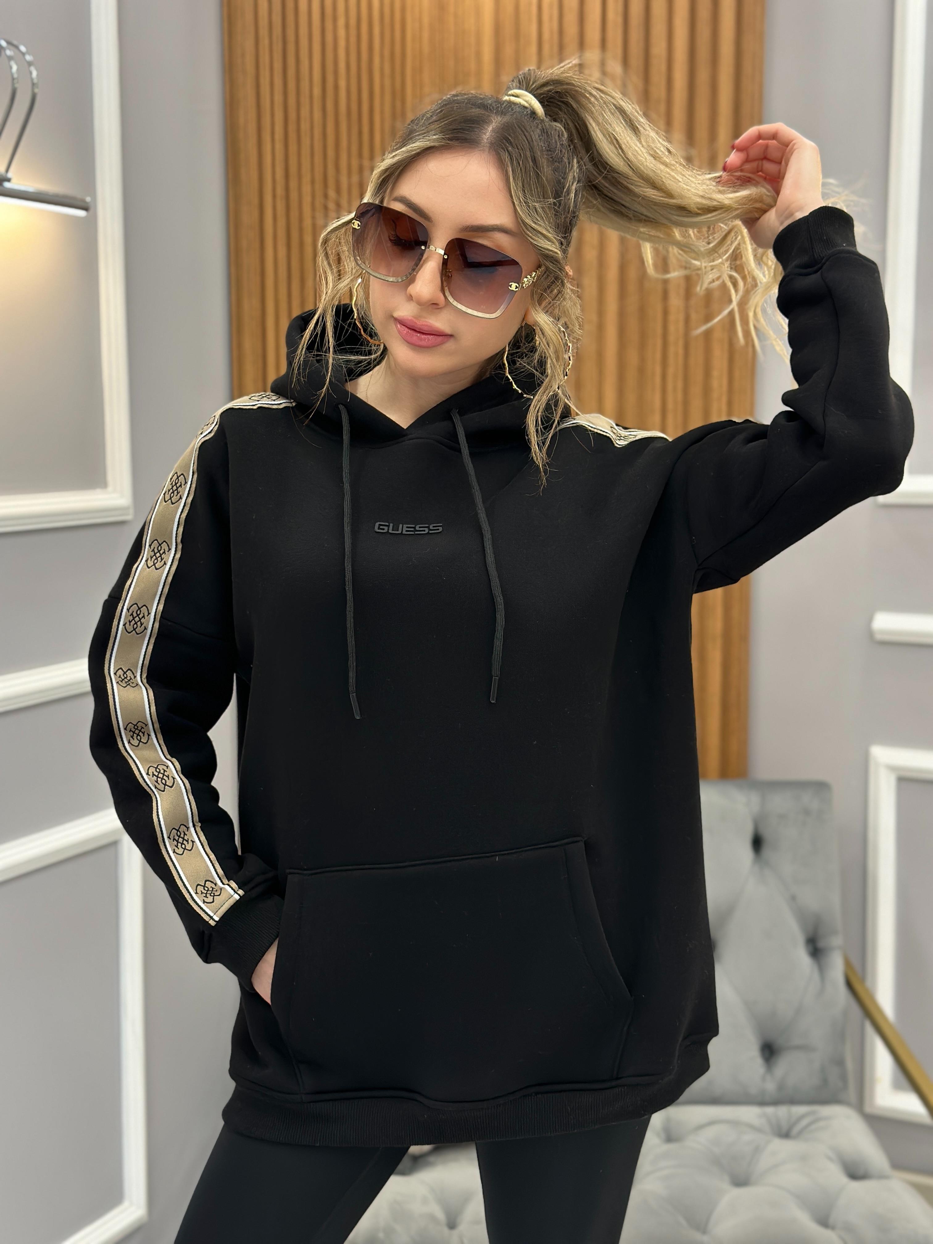 Gu Sweatshirt Yazı Kol Detaylı Kapşonlu Siyah