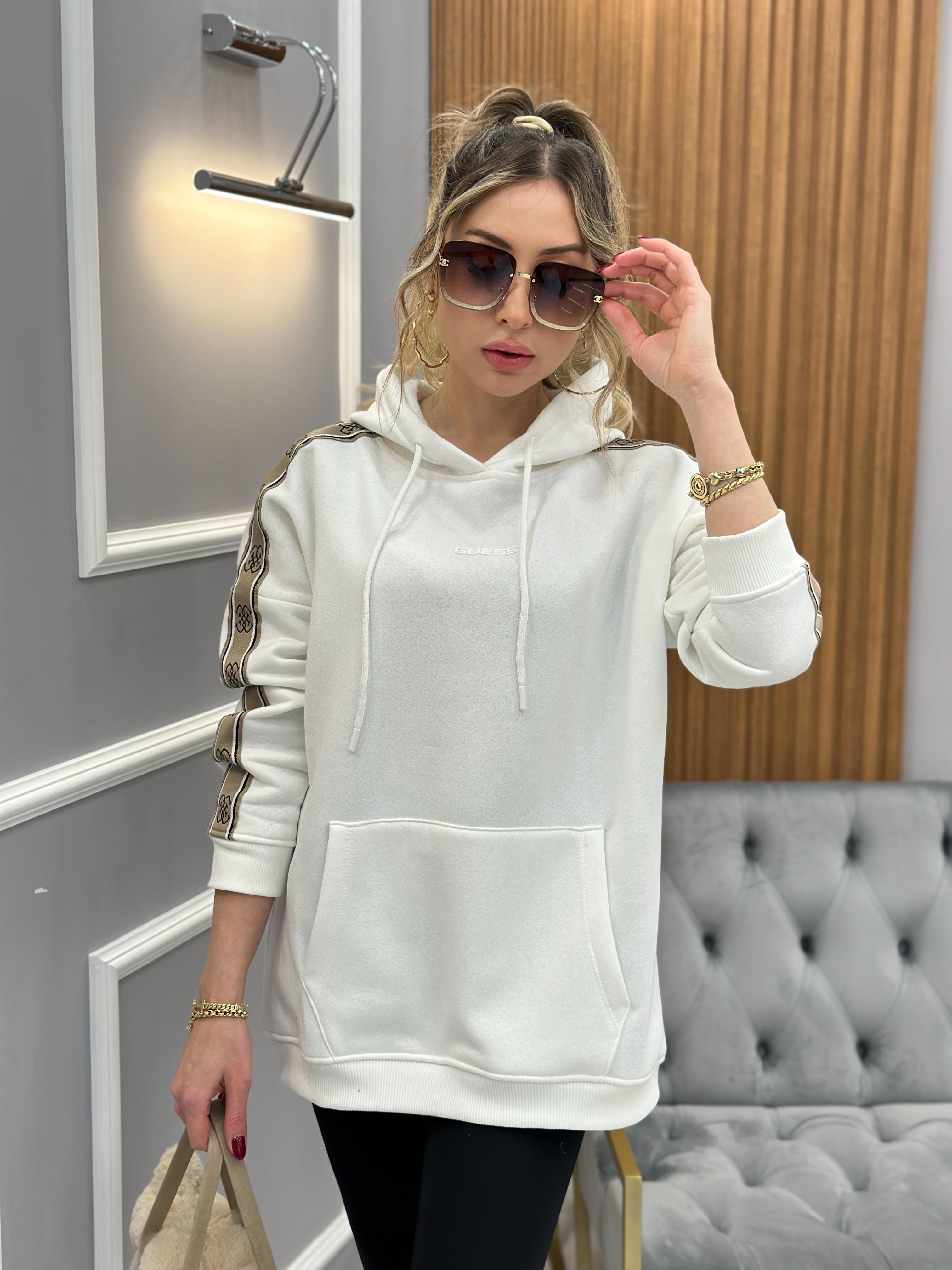 Gu Sweatshirt Yazı Kol Detaylı Kapşonlu Ekru