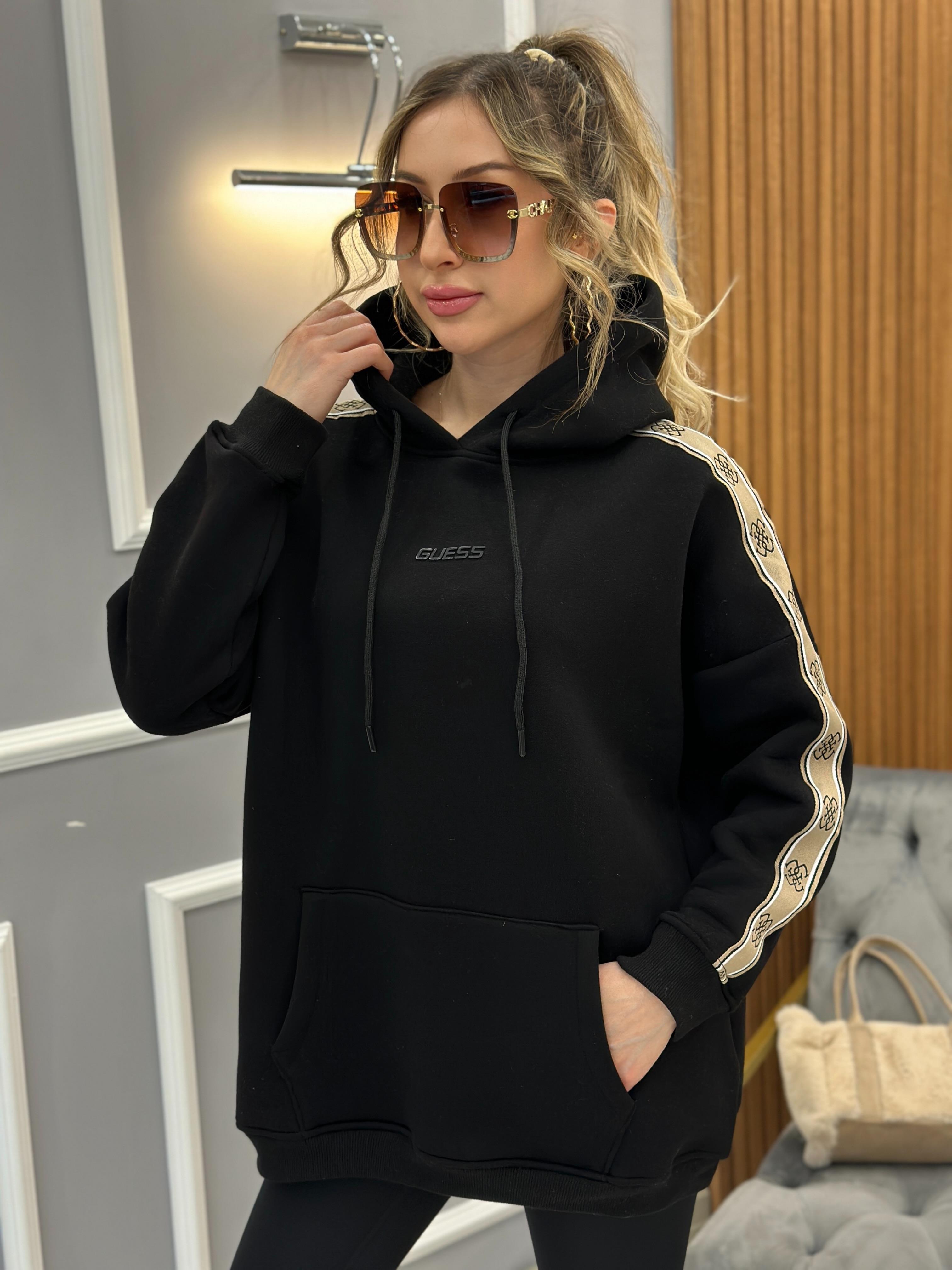 Gu Sweatshirt Yazı Kol Detaylı Kapşonlu Siyah