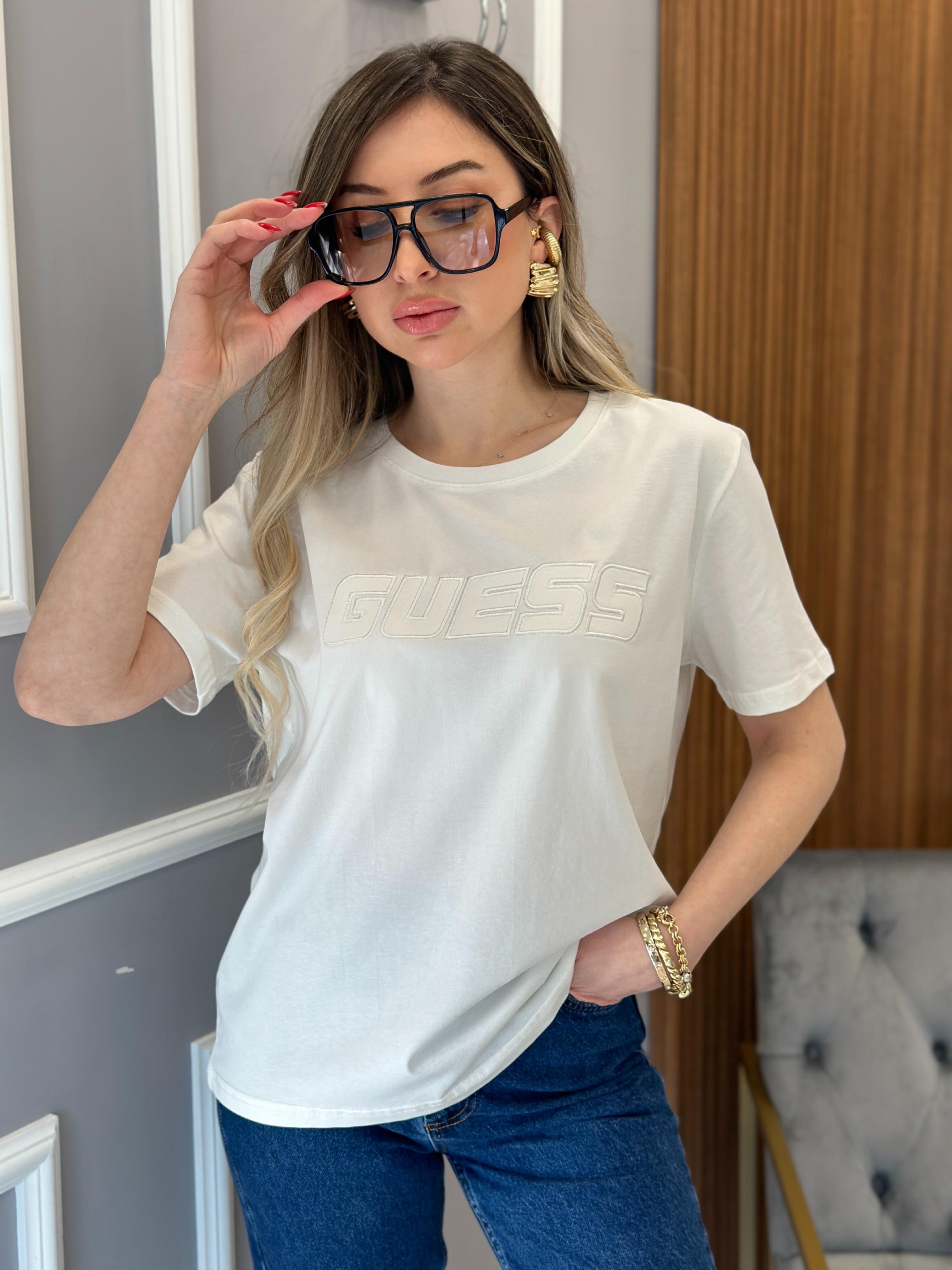 Gu T-shirt Kabartma Yazılı Beyaz