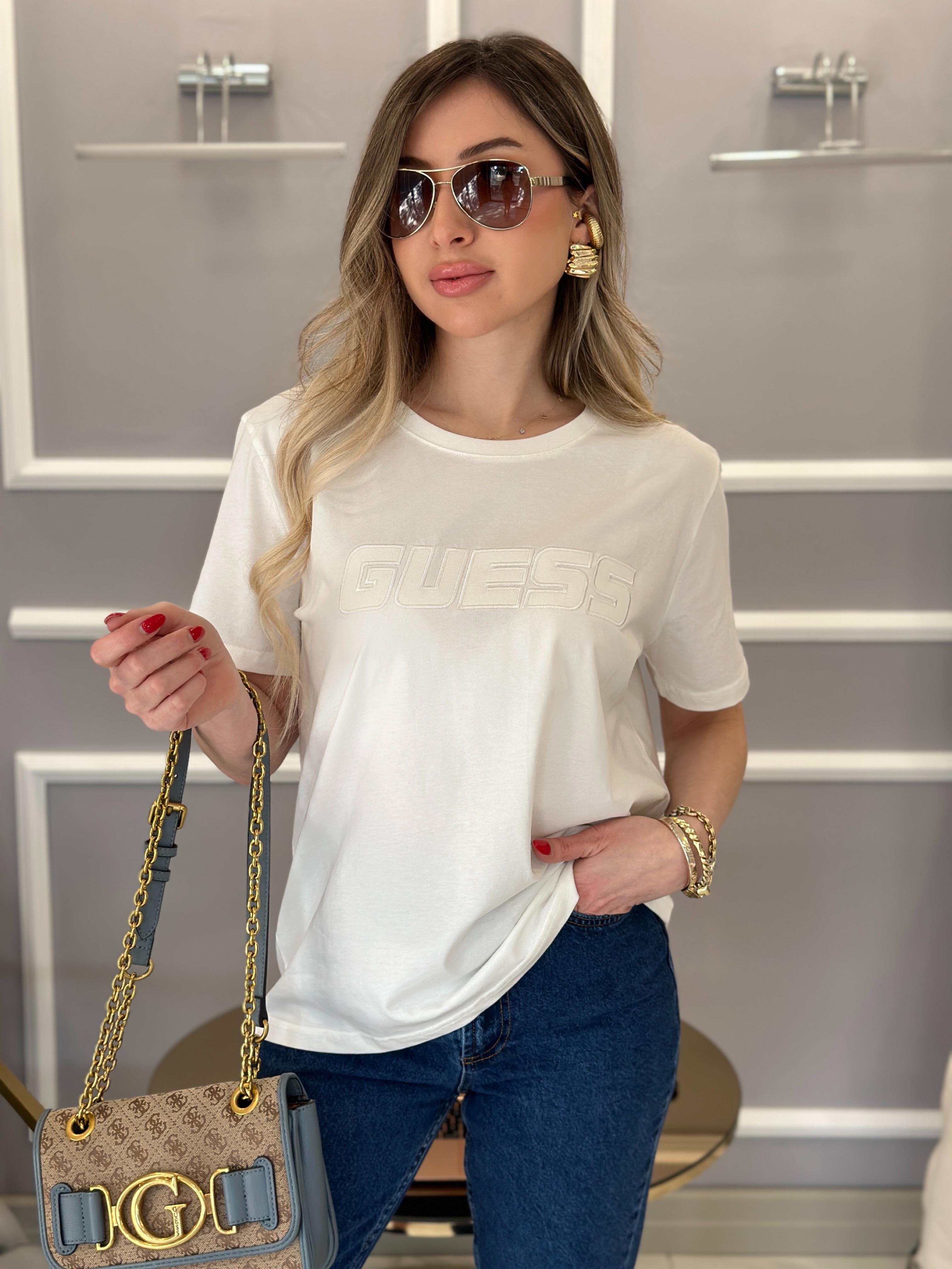 Gu T-shirt Kabartma Yazılı Beyaz